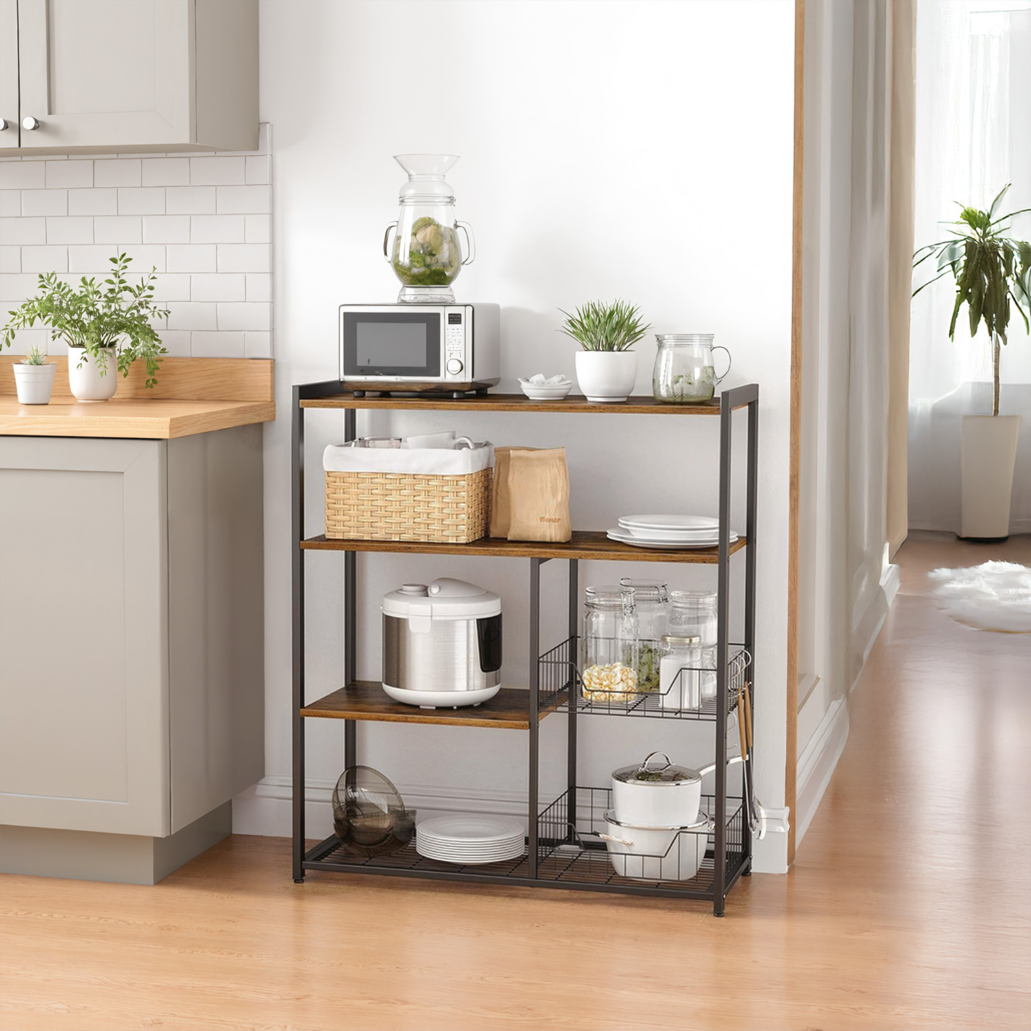 Baker Rack - FINTTO Kitchen Storage Shelf with 2 Baskets and Hook Rustic Brown and Black - Indigo Home