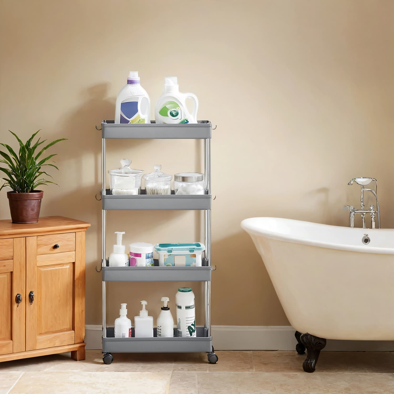 Storage Trolley - FINTTO Narrow Rolling Organizer 4 Tier with Wheels - Grey - Indigo Home