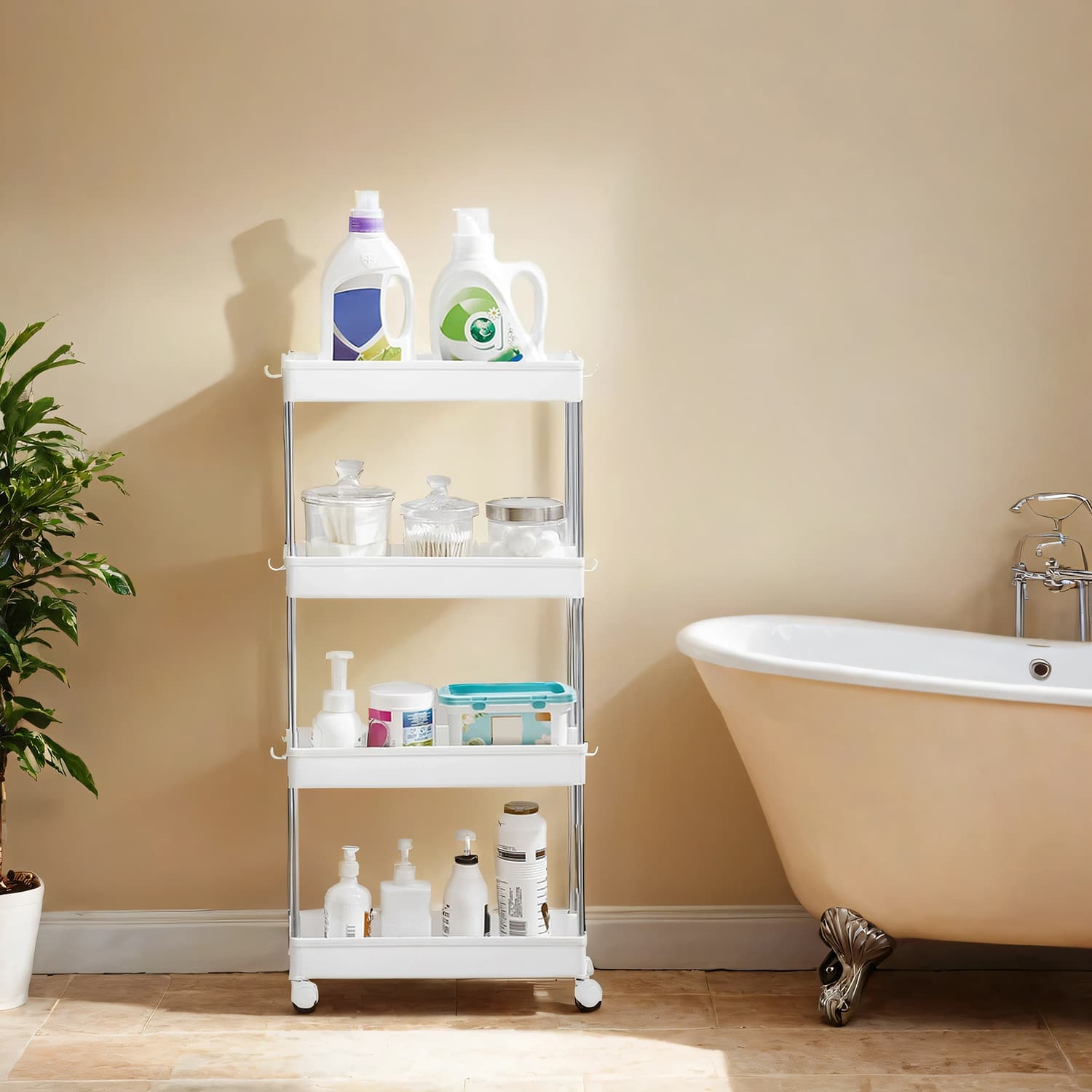 Storage Trolley - FINTTO Narrow Rolling Organizer 4 Tier with Wheels - White - Indigo Home
