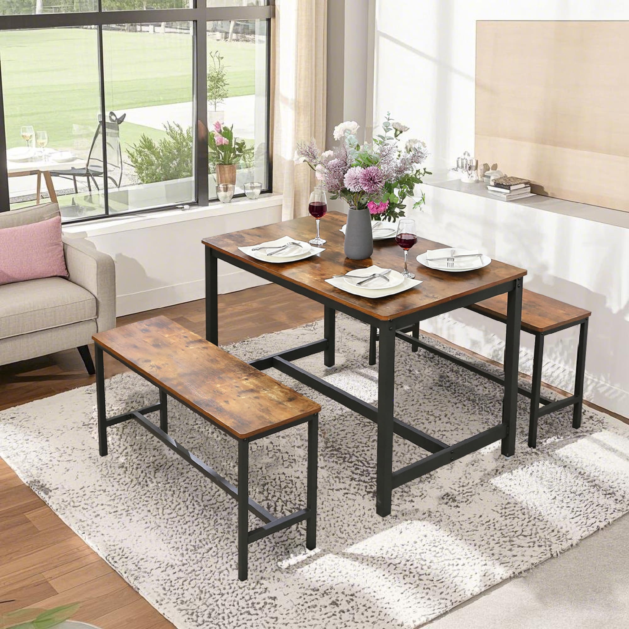 Table Benches - FINTTO Dining Room Seats Metal Frame Rustic Brown Black - Indigo Home