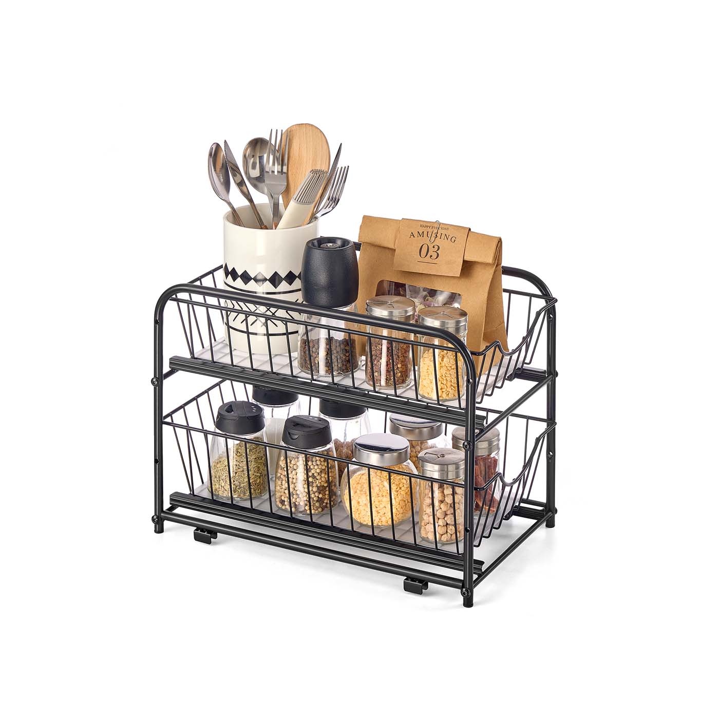 Sink Organizer - LUSLIA 2 Tier Sliding Basket Under Sink Drawer - Black - Indigo Home