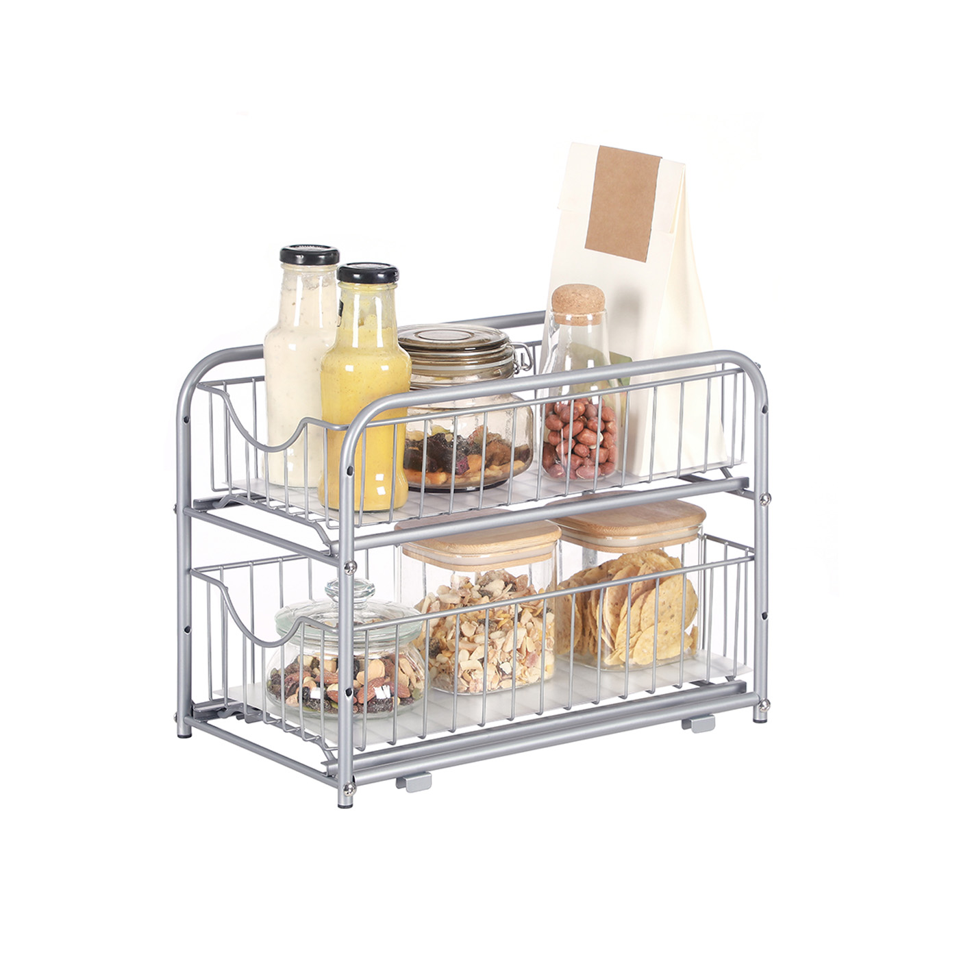 Sink Organizer - LUSLIA 2 Tier Sliding Basket Under Sink Organizer - Silver - Indigo Home