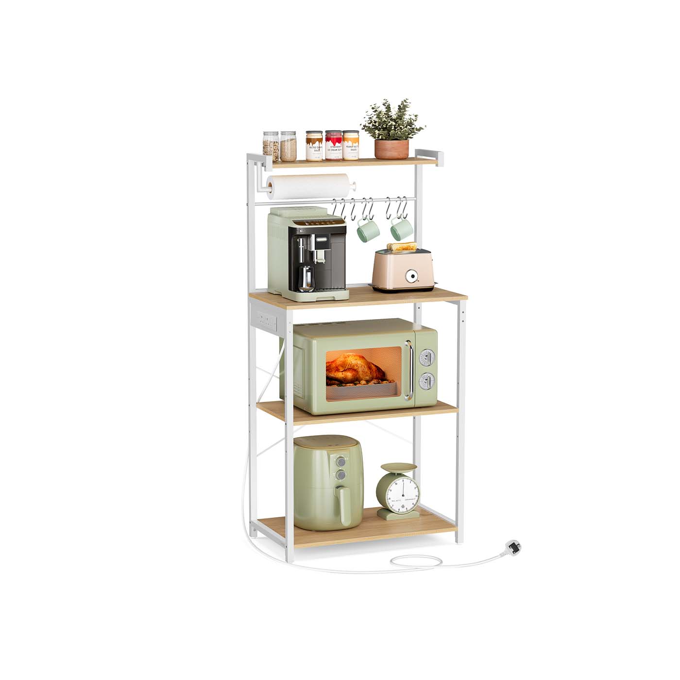 Baker Rack - SOLRA Kitchen Storage with Power Outlet Golden Oak and Matte White - Indigo Home