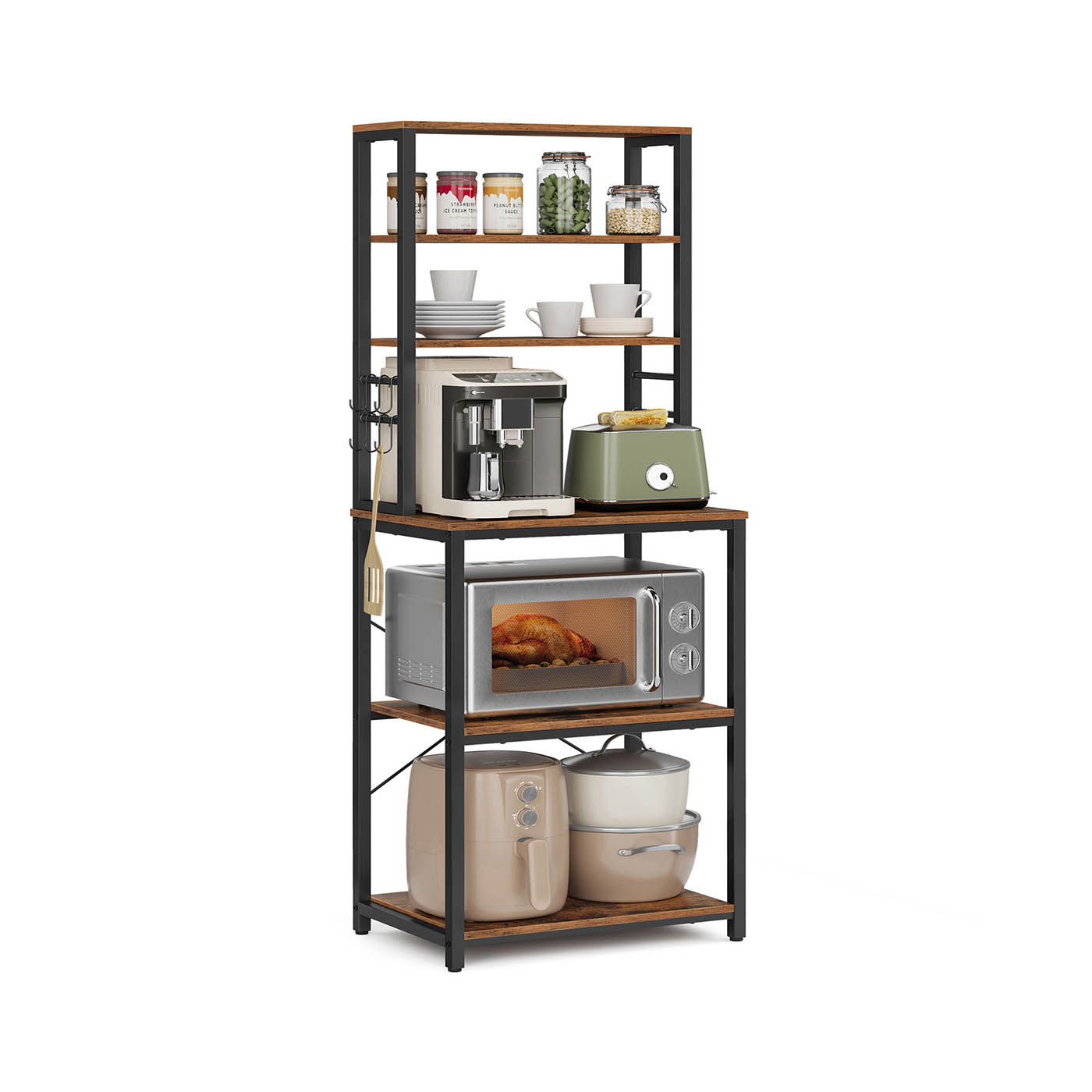 Kitchen Storage Rack - SOLRA 6 Shelves and Hooks 60cm Rustic Brown - Indigo Home