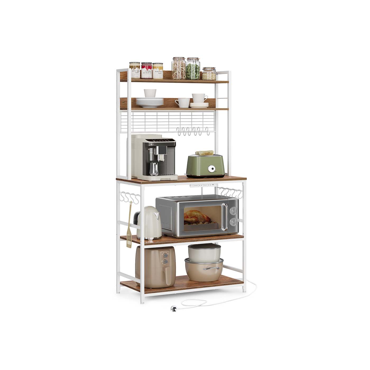 Kitchen Storage Rack - SOLRA Rustic Walnut and White Power Outlet Shelf - Rustic Walnut - Indigo Home