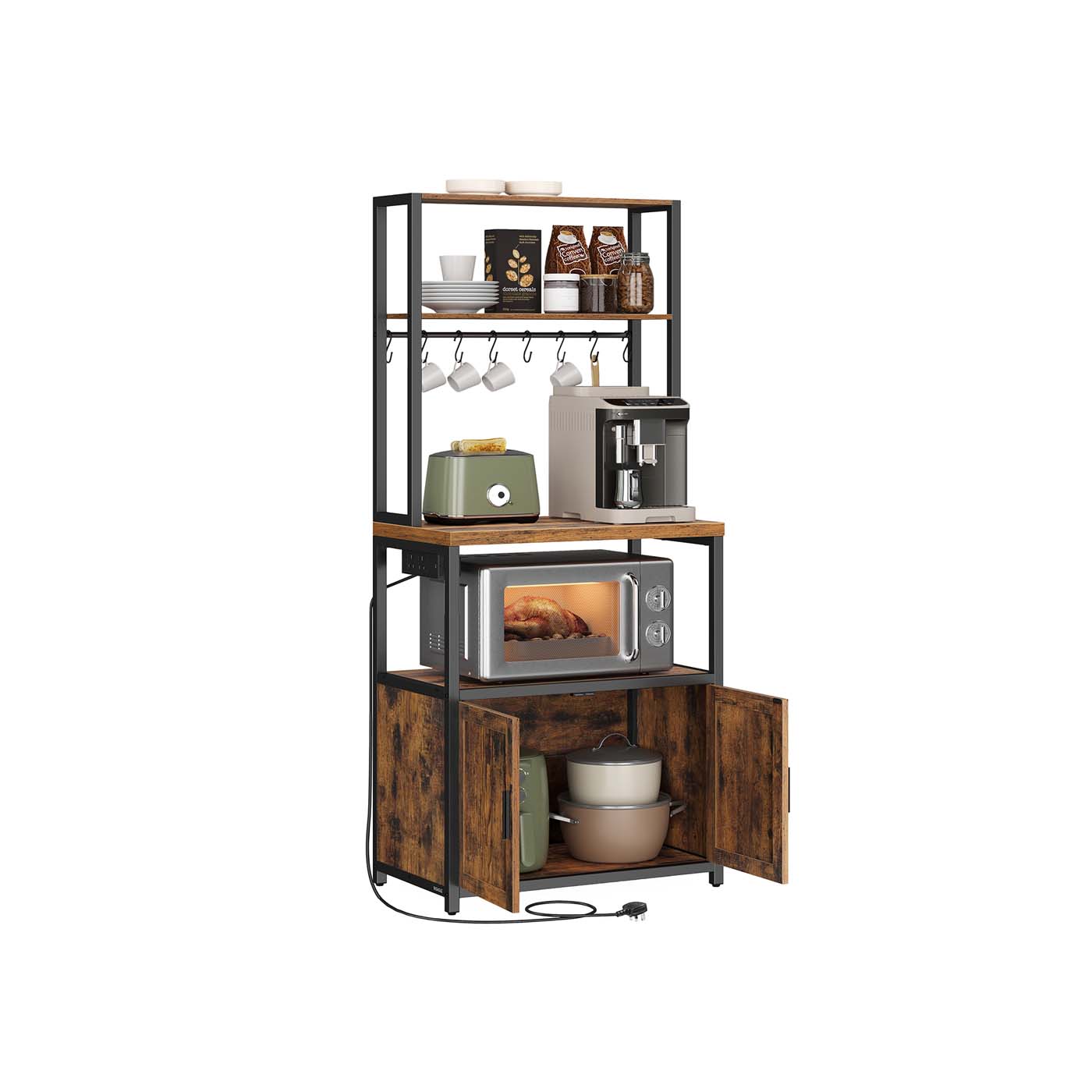 FERNHAVEN Kitchen Utensil Racks with Power Outlet and Doors - Brown and Black - Indigo Home