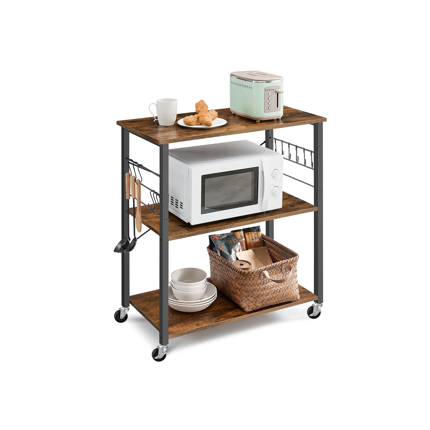 Kitchen Shelf - SOLRA 3-Tier Rolling Storage Shelf with Rustic Brown and Black Finish - Rustic Brown and Black - Indigo Home