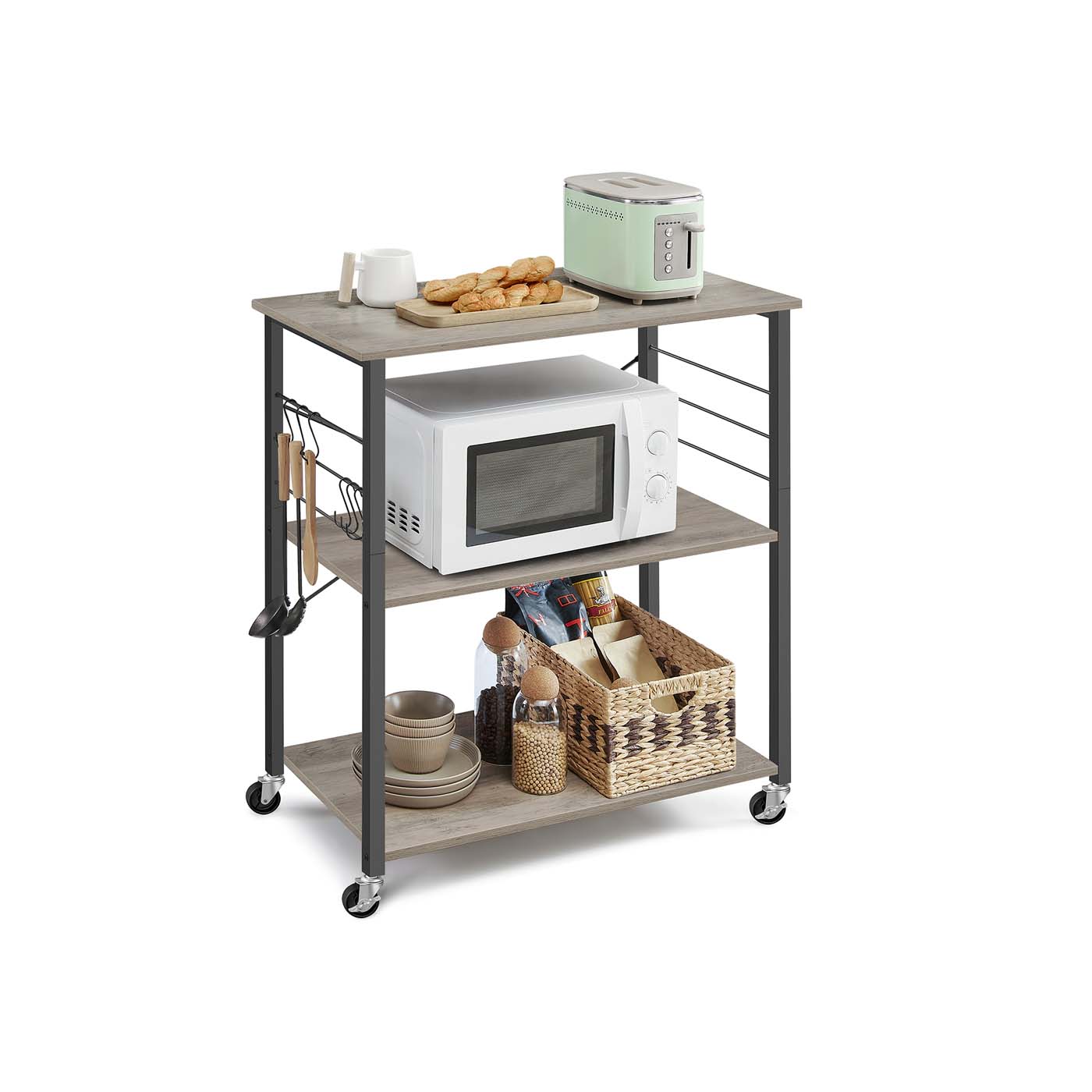 Kitchen Shelf - SOLRA 3-Tier Rolling Storage Shelf with Wheels - Heather Greige and Black - Indigo Home