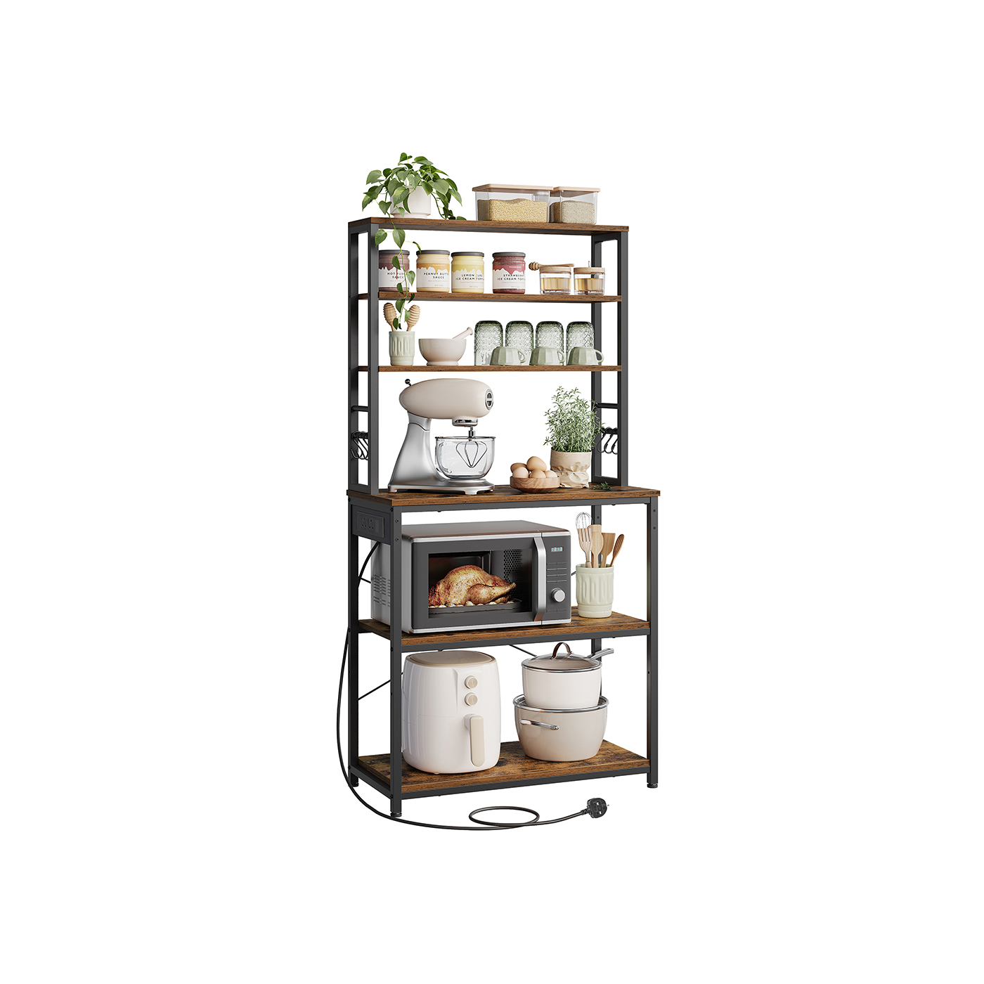 Baker Rack - MARTA Power Outlet Rustic Storage Shelves - Rustic Brown - Indigo Home