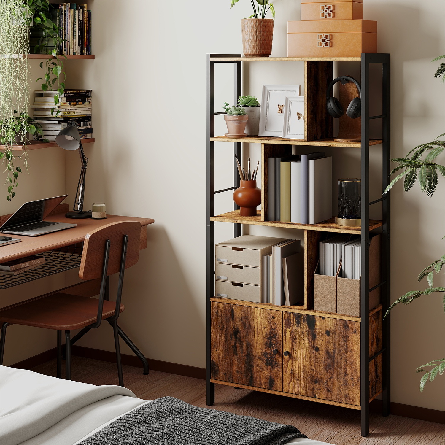 Bookshelf - VERRA Large Bookcase with Doors 4 Shelves Rustic Brown Black - Indigo Home