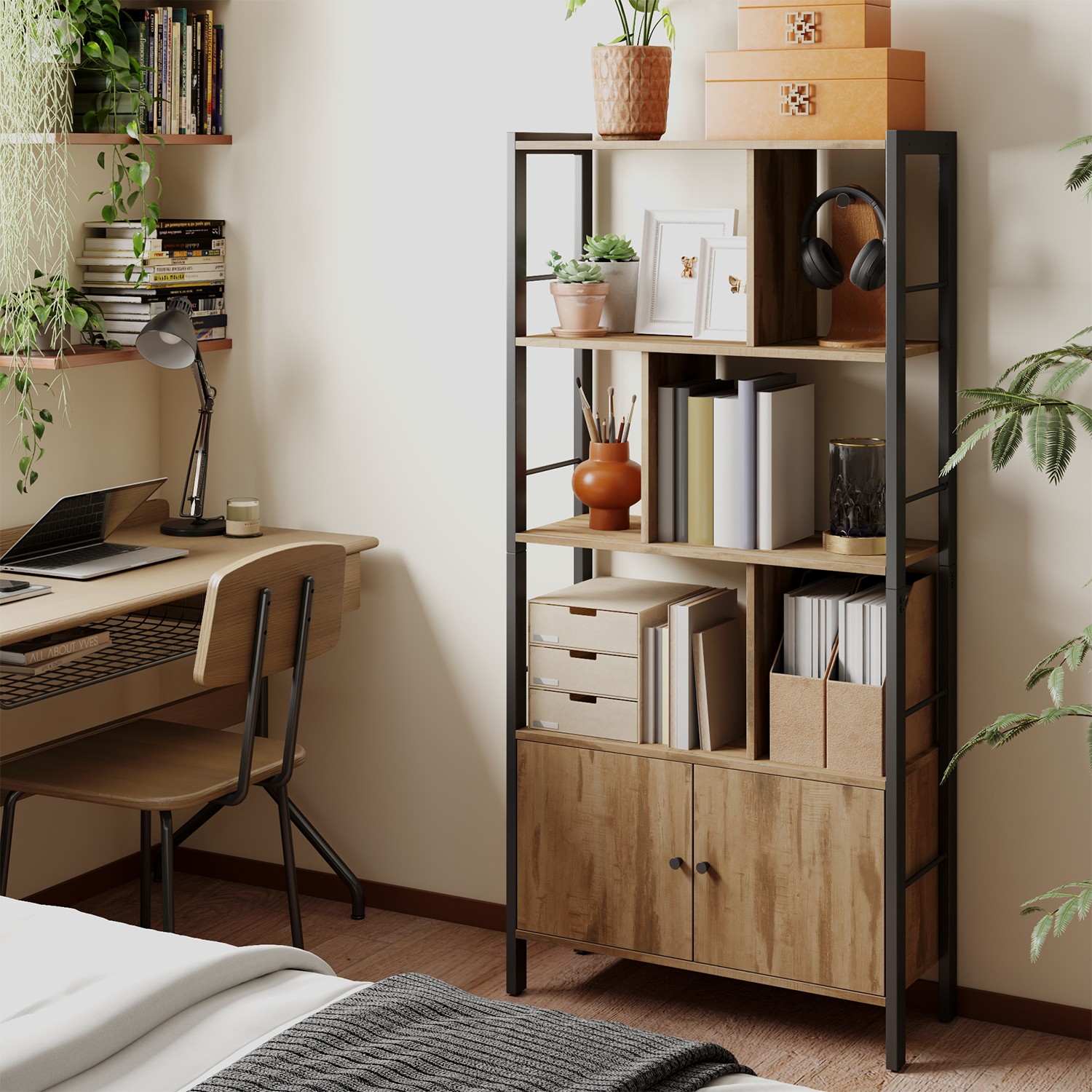 Bookshelf - VERRA Large Bookcase with Door - Black - Indigo Home