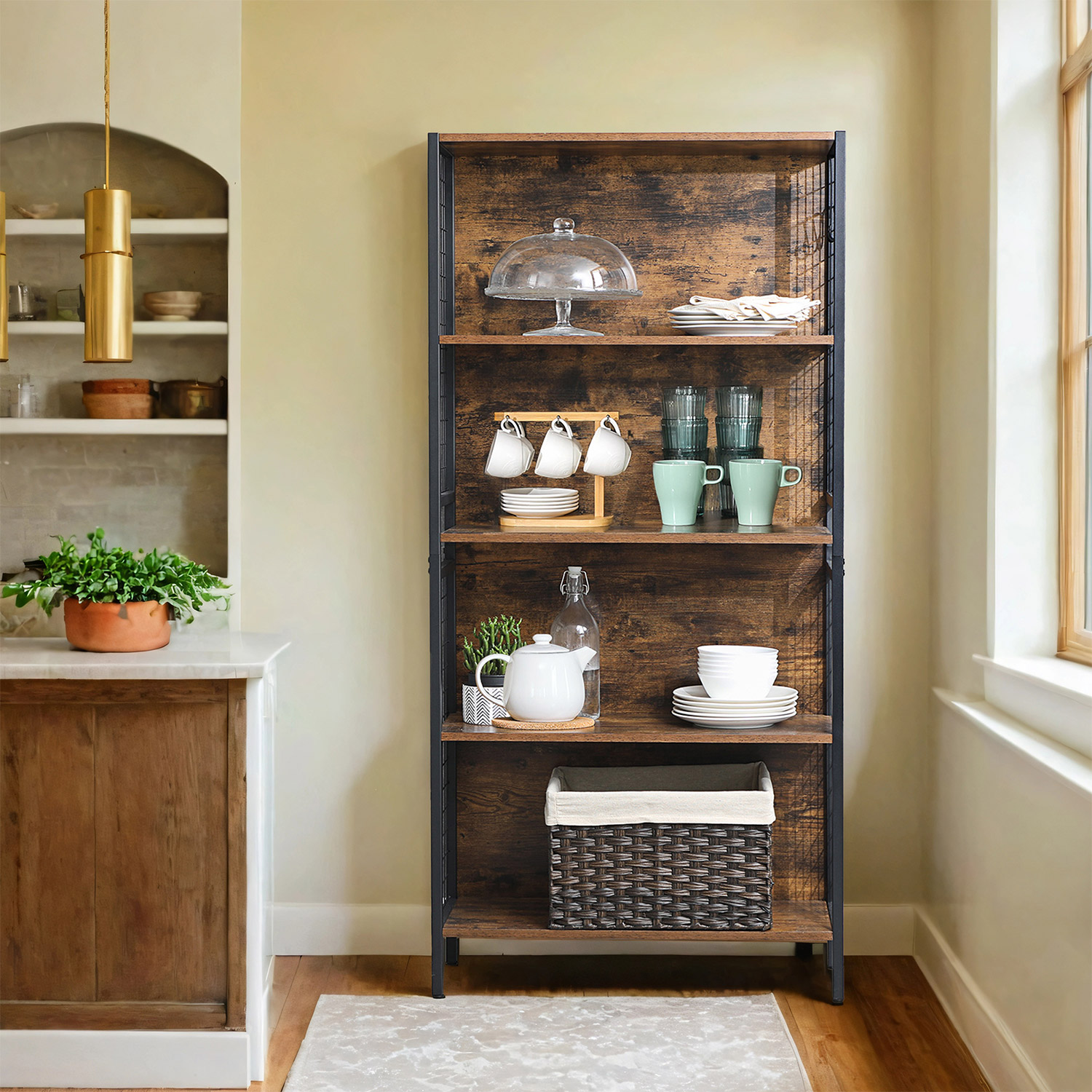 Bookshelf - VERRA 4 Tier Office Storage Shelf with Hooks - Dark Brown Black - Indigo Home
