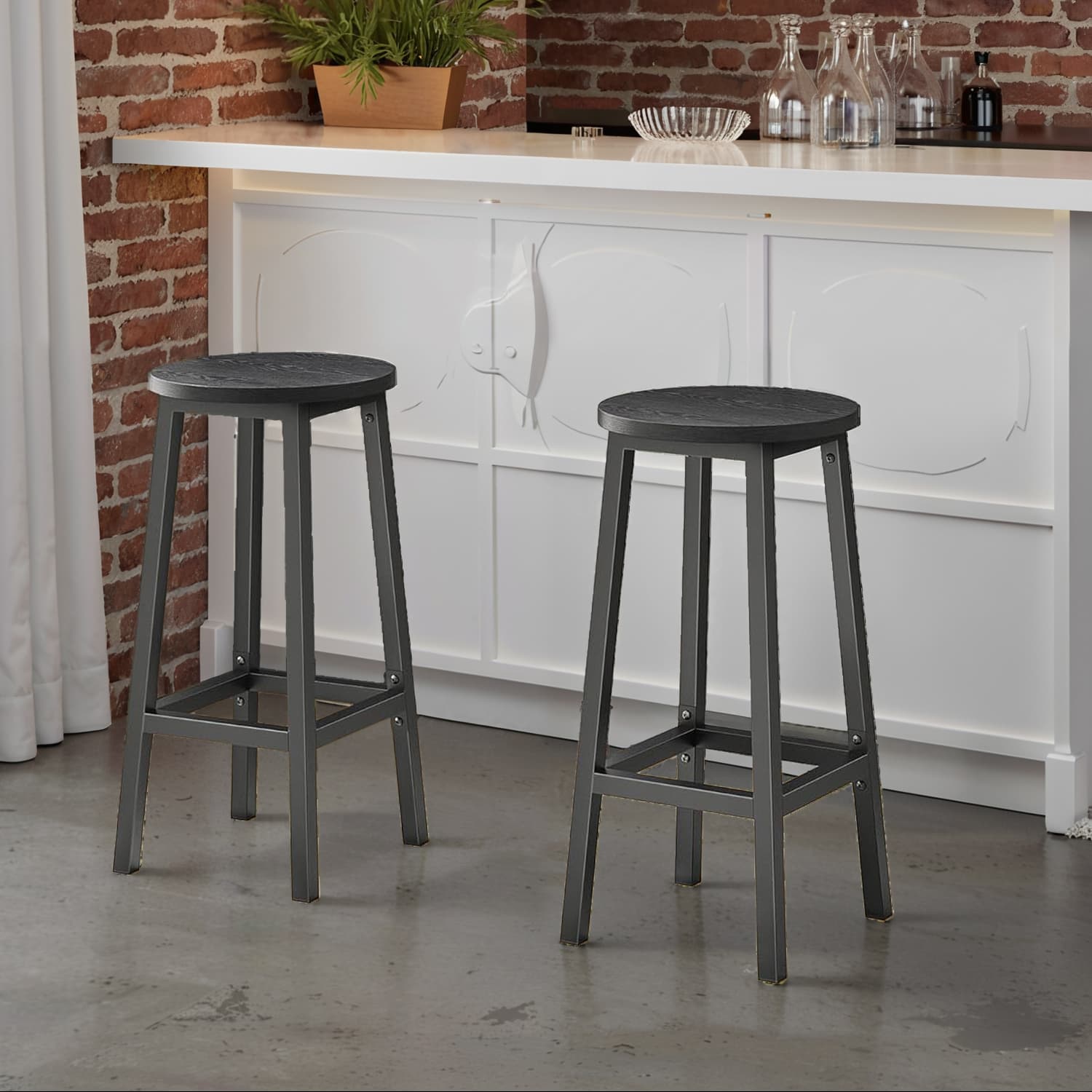 Bar Stools - VERRA Set of 2 Kitchen Stool with Footrest - Black - Indigo Home