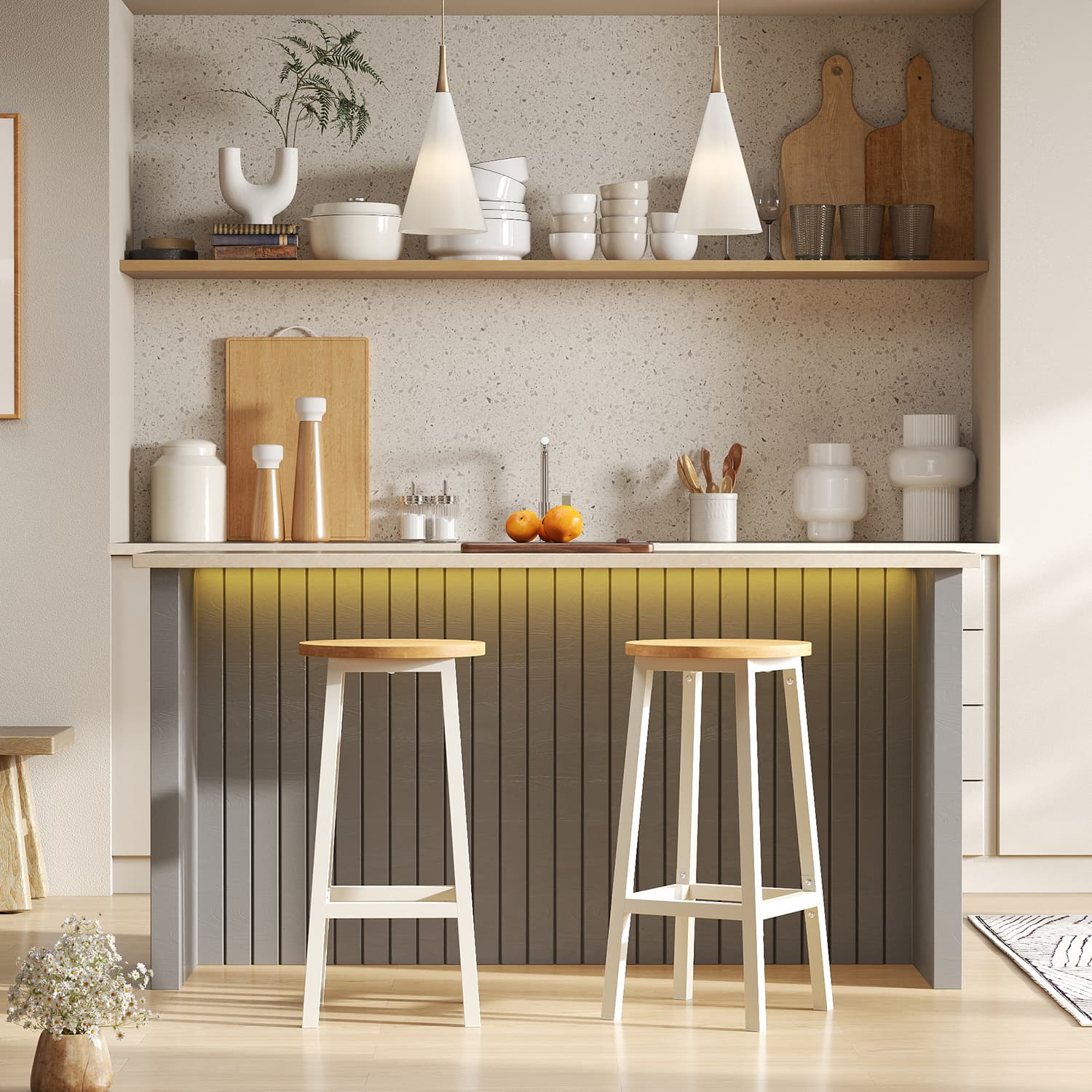 Bar Stools - VERRA Set of 2 Kitchen Chairs with Footrest 65 cm High - White Oak - Indigo Home