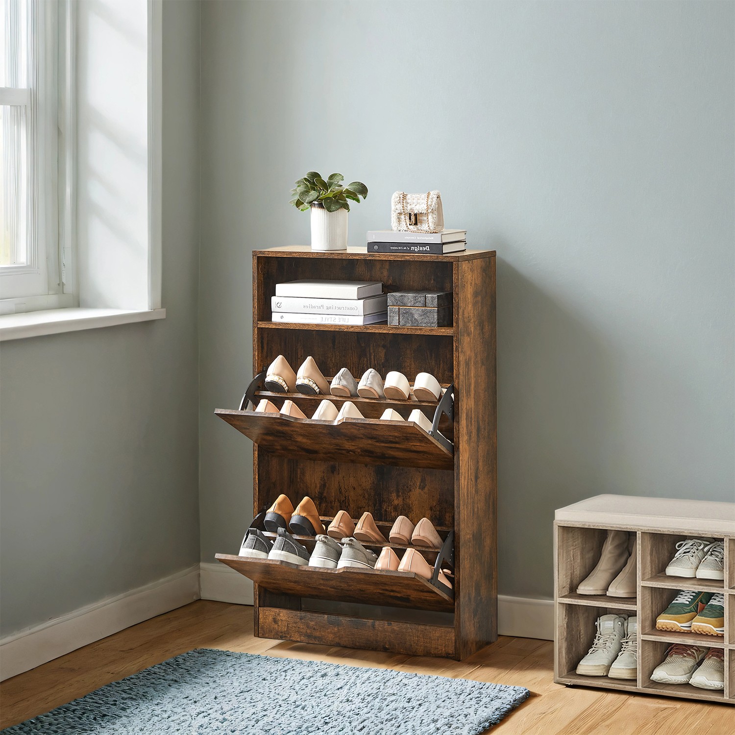 VERRA Shoe Cabinet - 12 Pair Storage Medium Sized Cabinet - Brown - Indigo Home