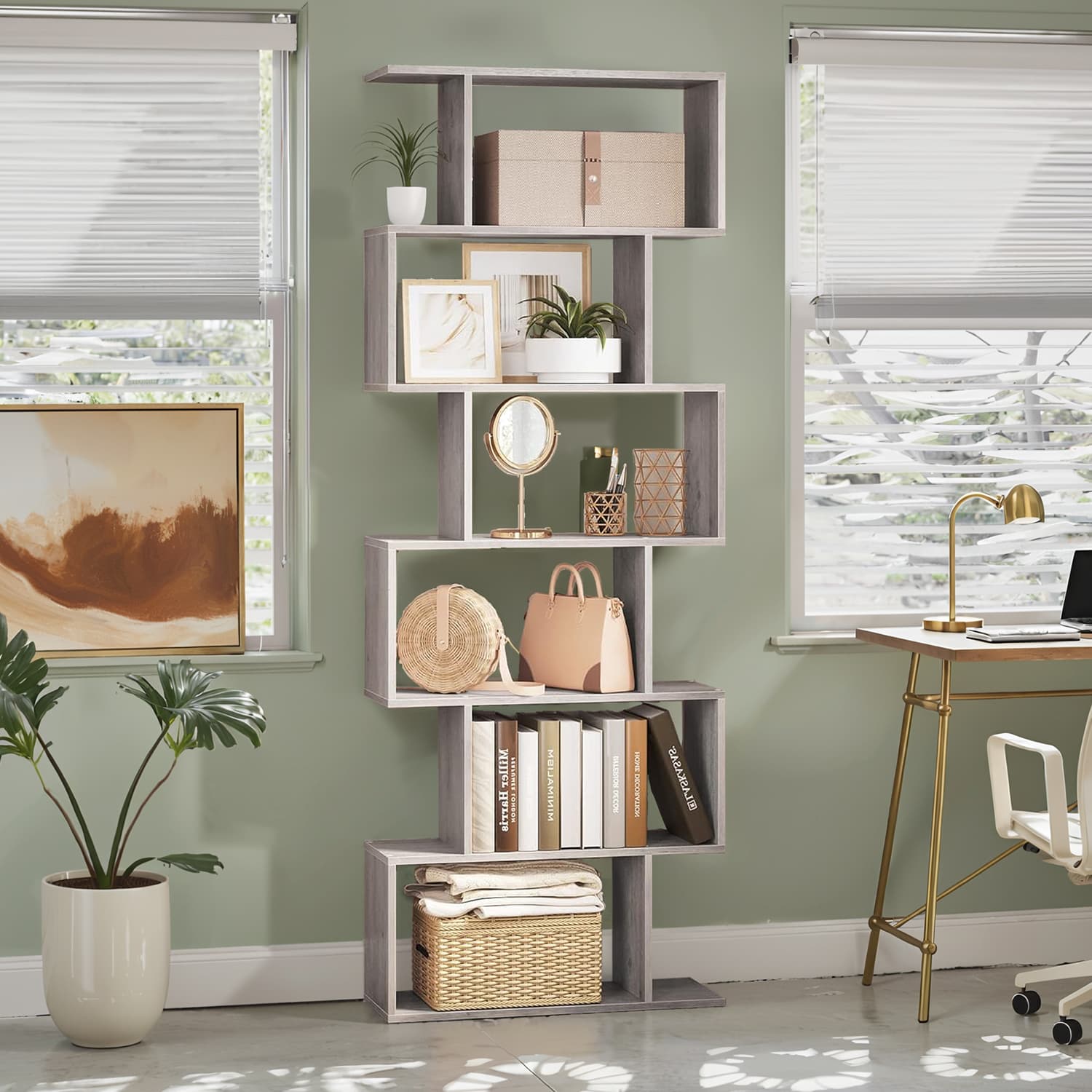 Bookshelf - VERRA 6 Tier Bookcase Room Divider - Light Grey - Indigo Home