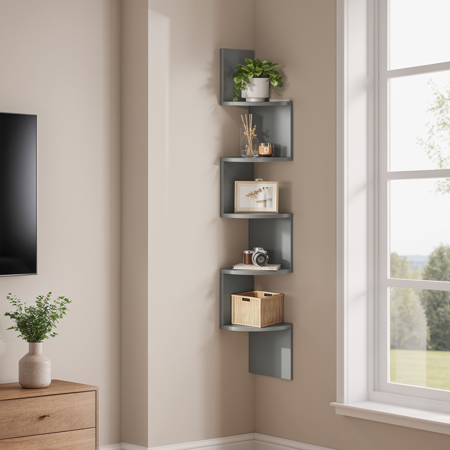 Corner Shelf - VERRA Wall Mount 5 Tier Floating Bookshelf Plant Shelf - Green - Indigo Home