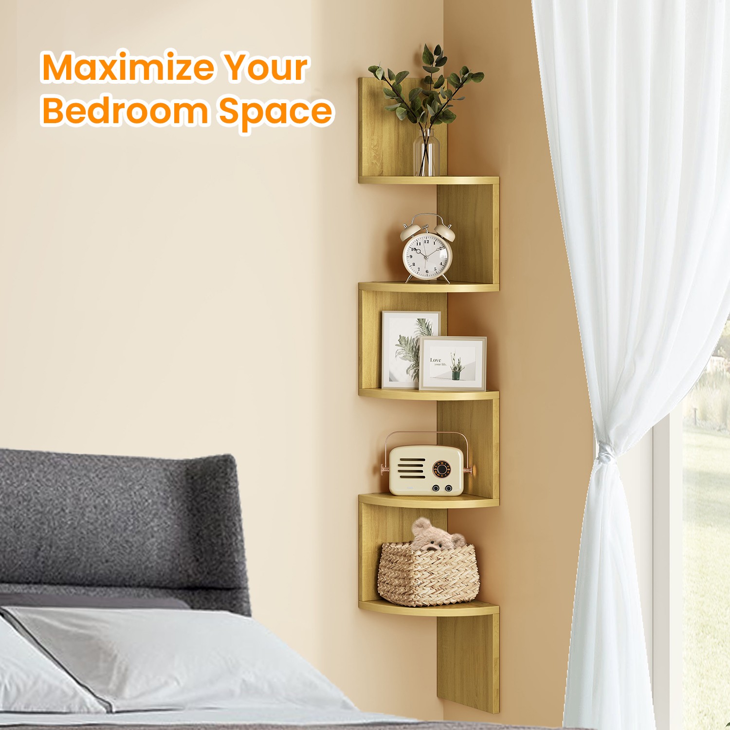 Corner Shelf - VERRA Wall Mount 5 Tier Floating Bookshelf Bedroom - Oak - Indigo Home