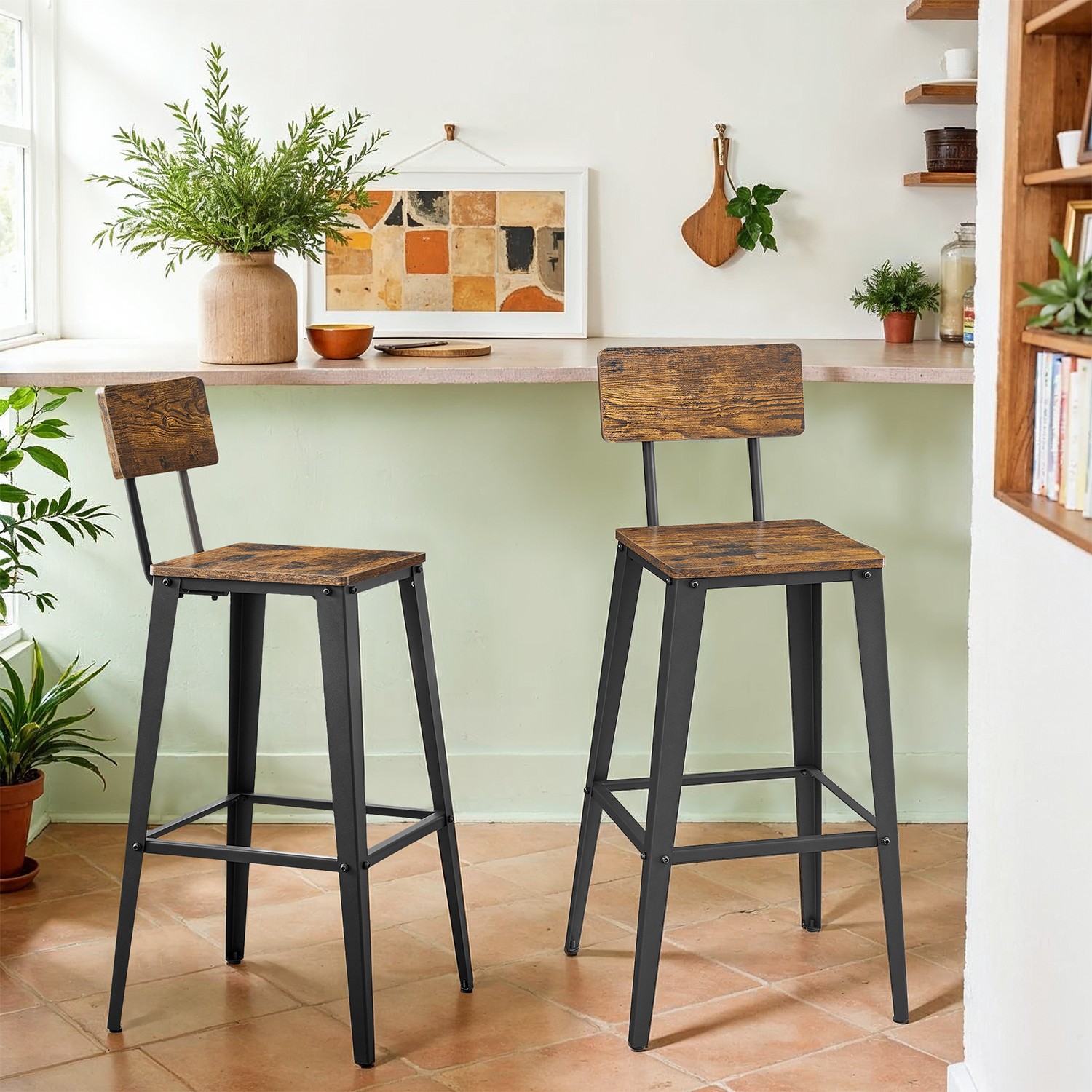 Bar Stools - VERRA Tall Bar Height Chairs Set of 2 Faux Leather - Brown Black - Indigo Home