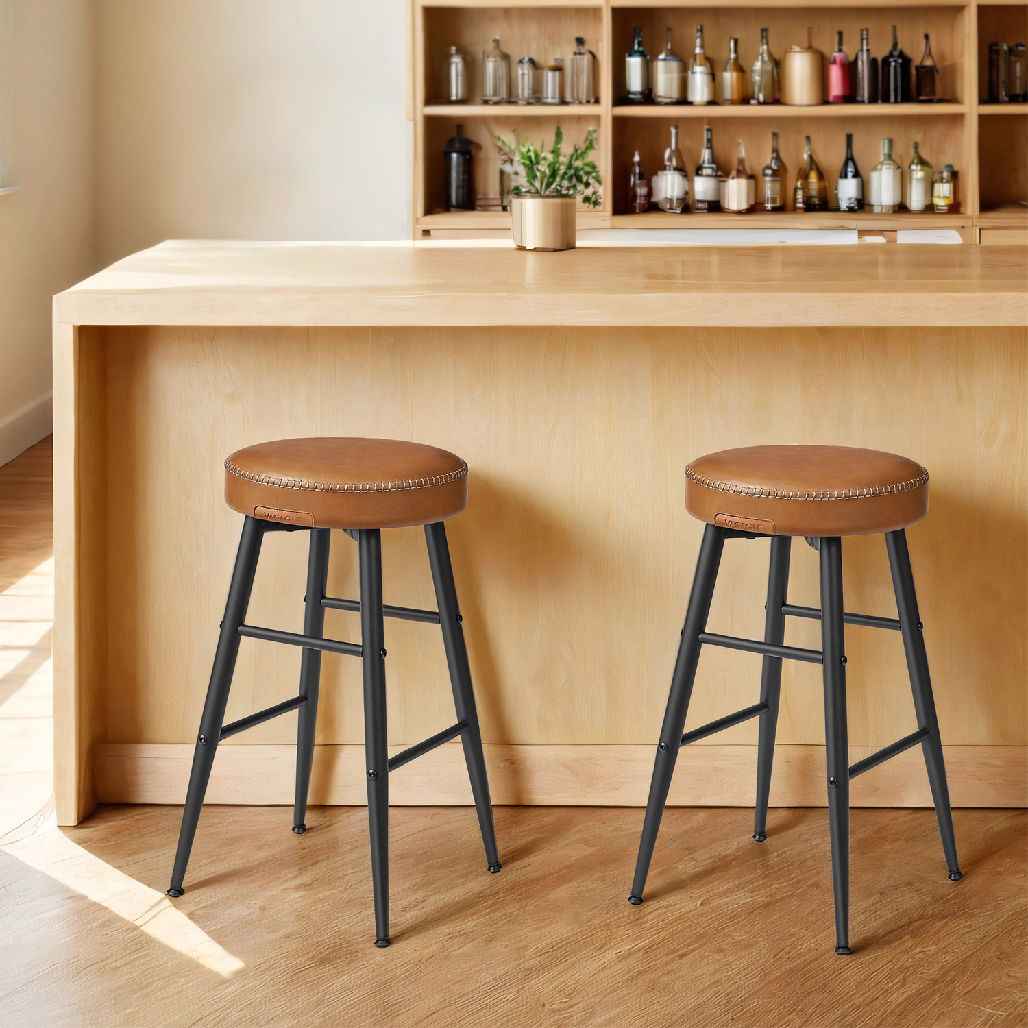 Bar Stools - VERRA Kitchen Counter Breakfast Chairs Set of 2 Synthetic Leather Camel Brown - Indigo Home