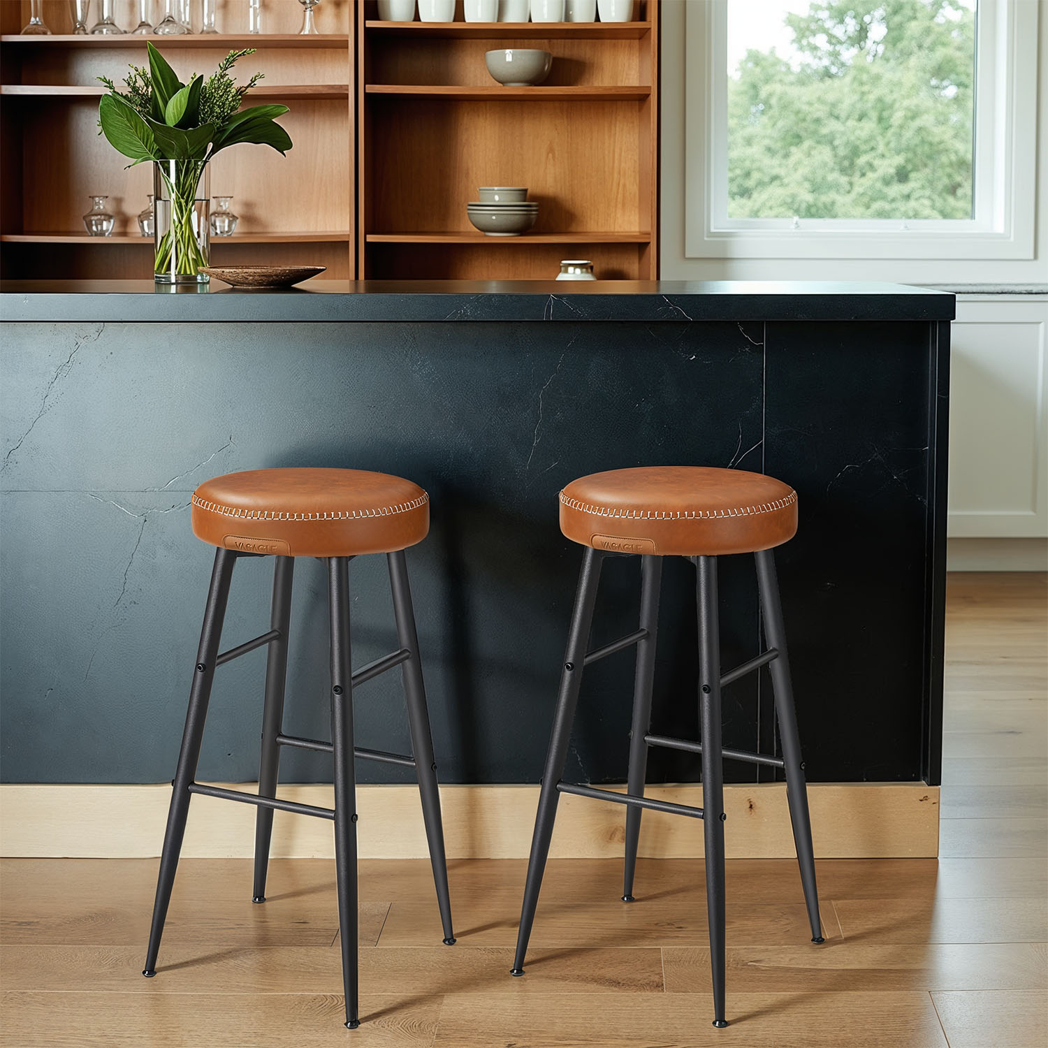 Counter Stools - VERRA Set of 2 Kitchen Bar Chairs Synthetic Leather Camel Brown - Camel Brown - Indigo Home
