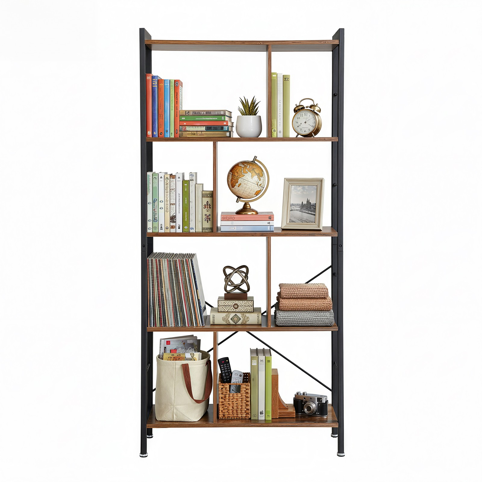 FERNHOLLOW 5 Tier Bookshelf and Storage Shelf - Medium Oak and Black - Indigo Home