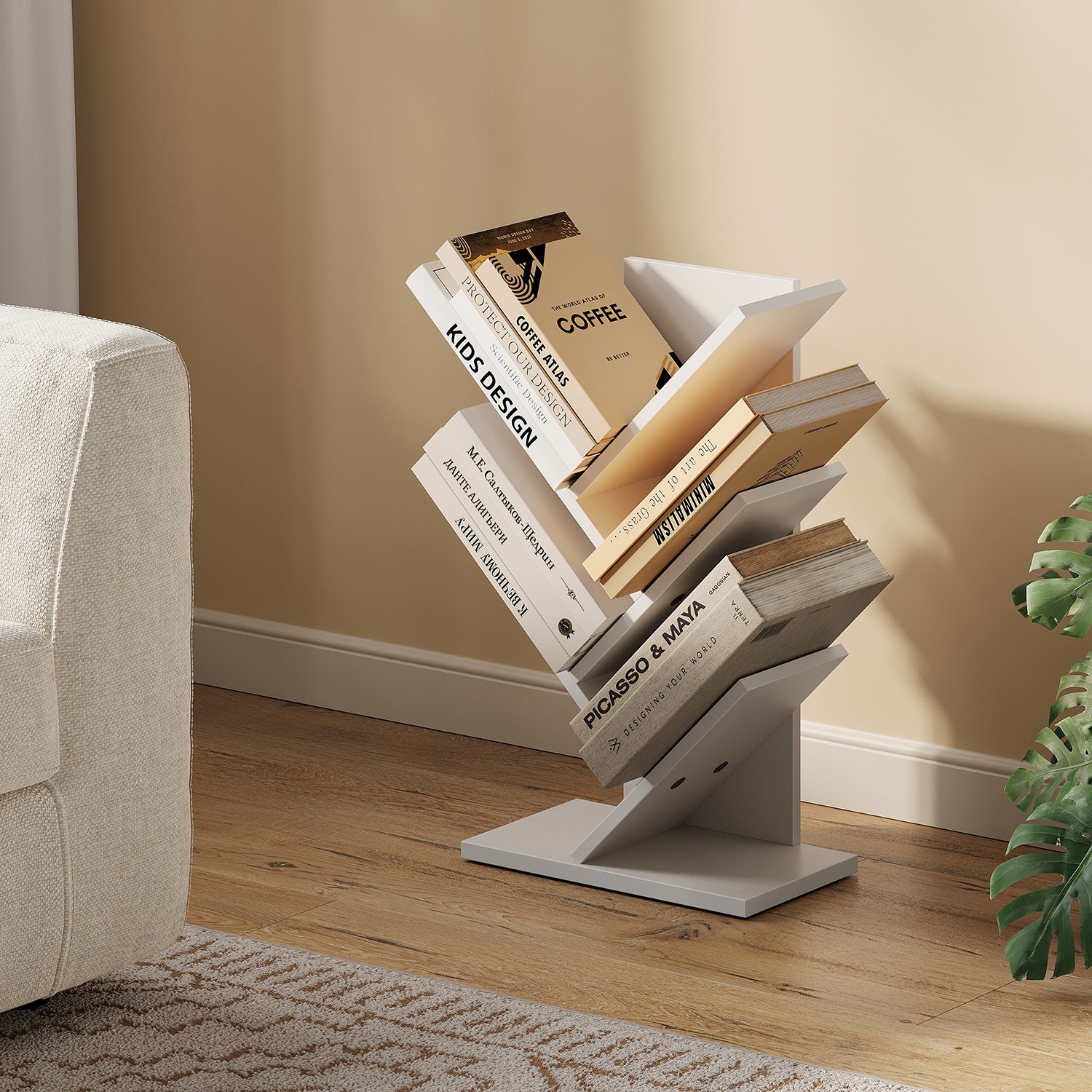 Bookshelf - VERRA 5 Tier Tree-Shaped Corner Shelf Space-Saving - Grey - Indigo Home