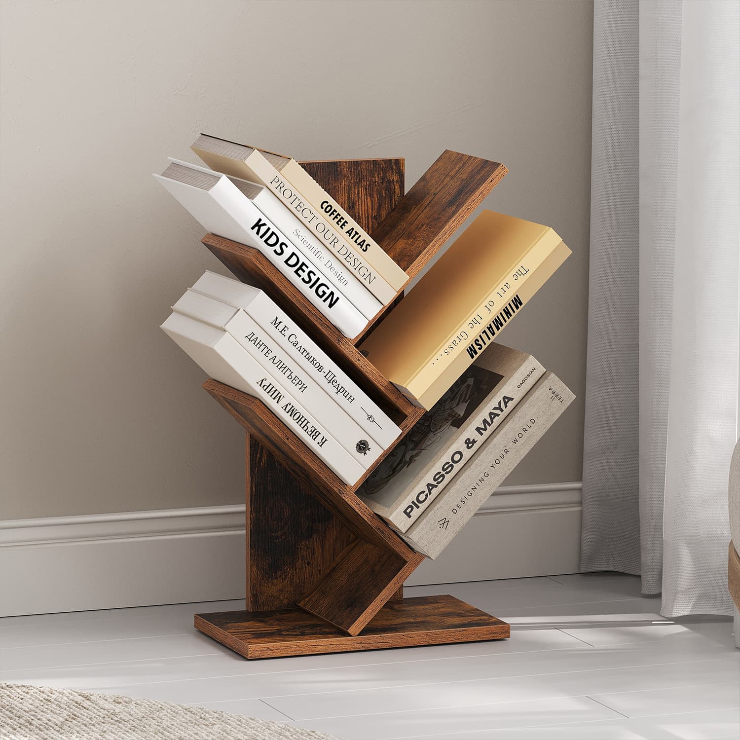 Bookshelf - VERRA 5 Tier Tree-Shaped Corner Shelf Space-Saving - Brown - Indigo Home