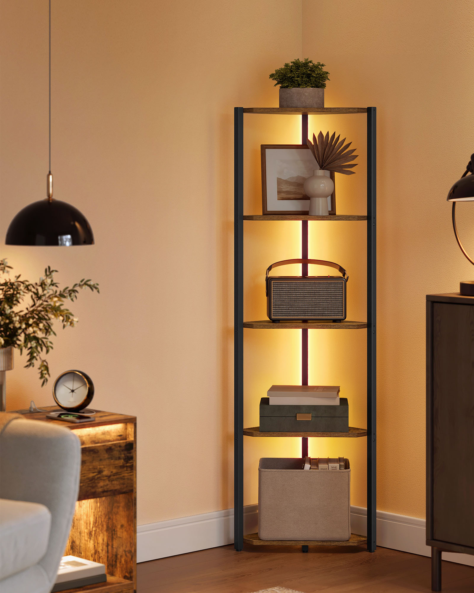 Bookcase - VERRA 5 Tier Corner Shelf with Adjustable LED Light - Camel Brown - Indigo Home