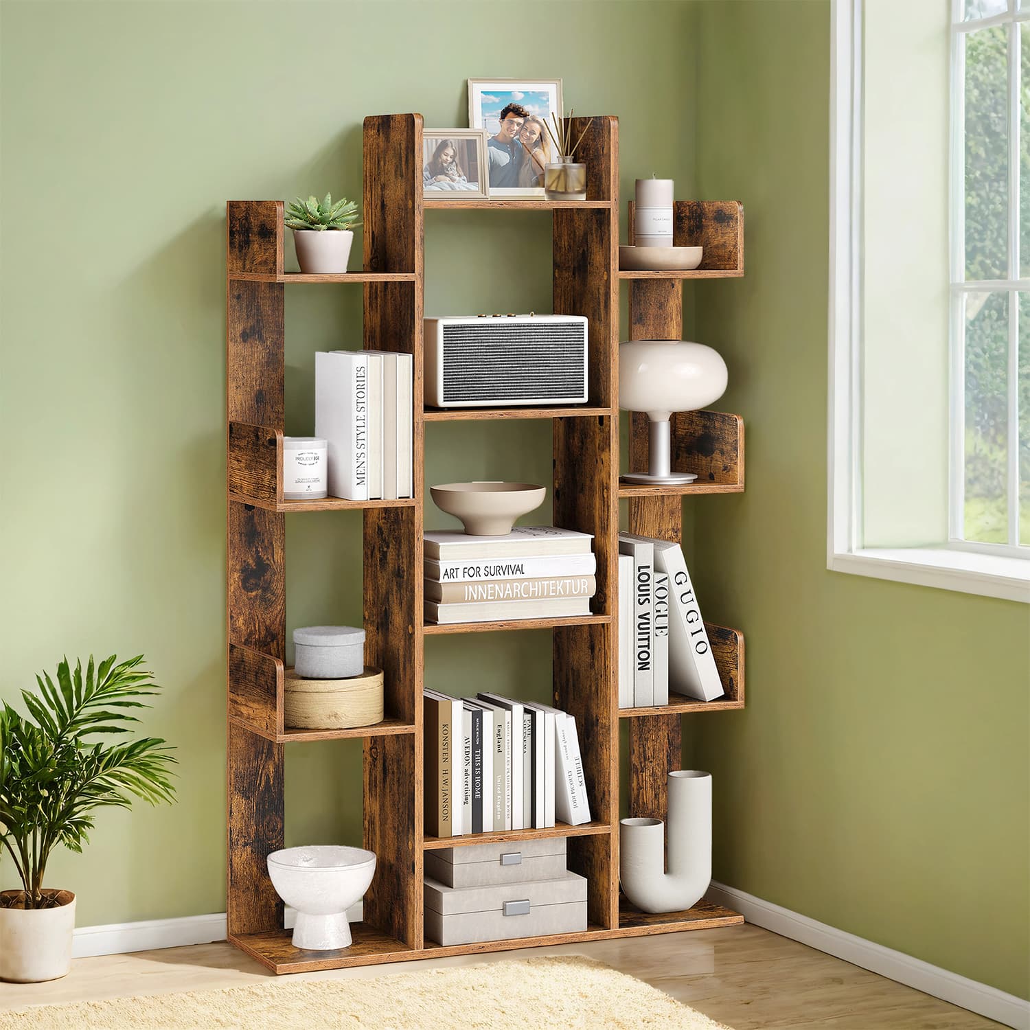 Bookshelf - VERRA 13 Storage Shelves Bookshelf - Brown - Indigo Home