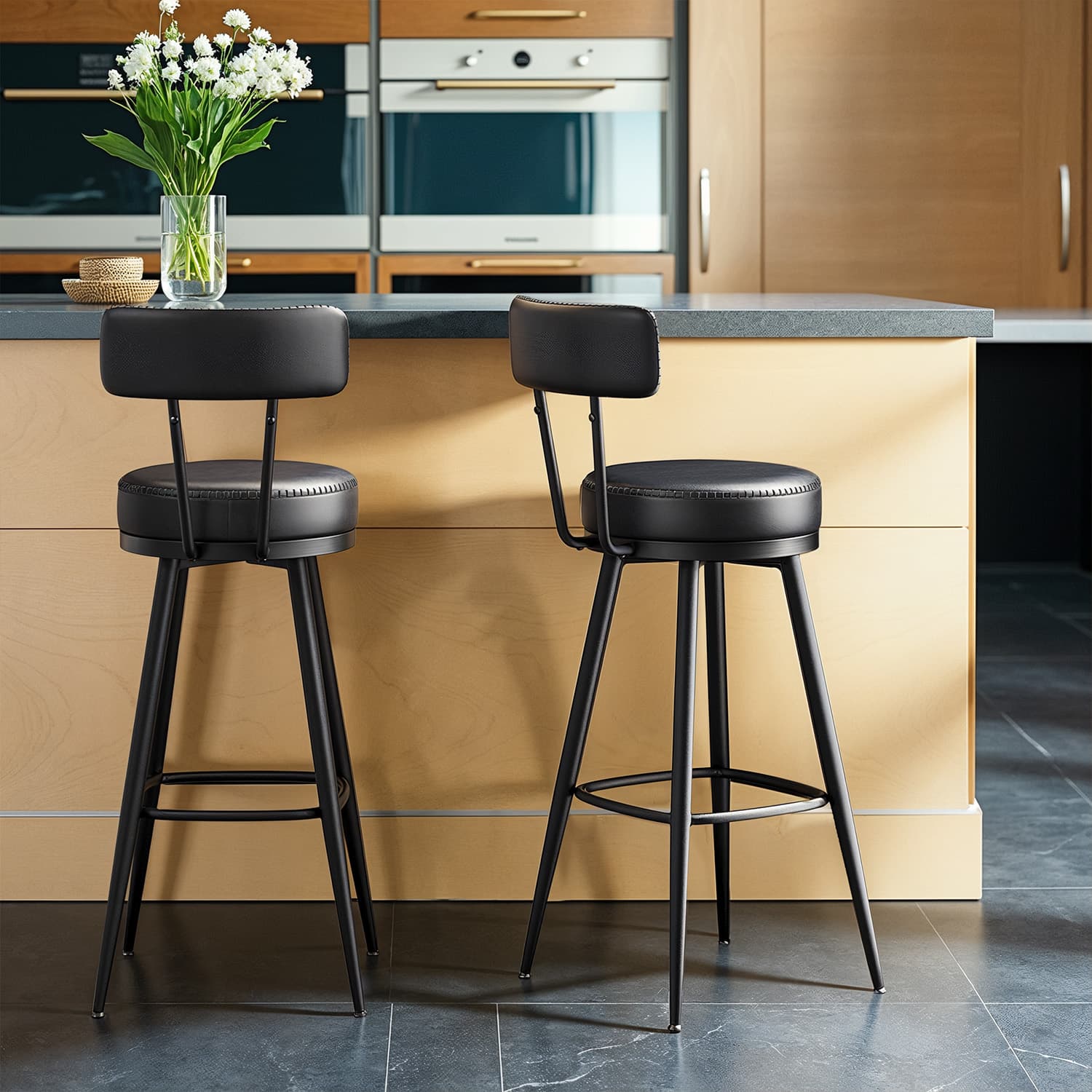 Bar Stools - VERRA Swivel Tall Chairs with Back Synthetic Leather - Black - Indigo Home