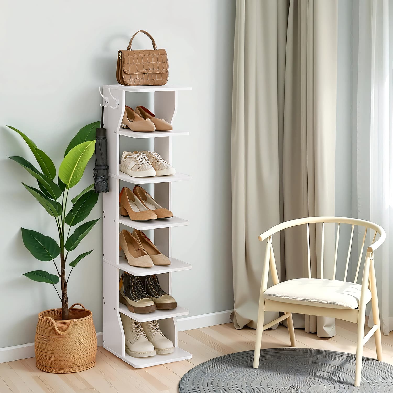 VERRA Shoe Rack - 7 Tier with Hooks Storage Tall Large Sized Rack - Grey - Indigo Home