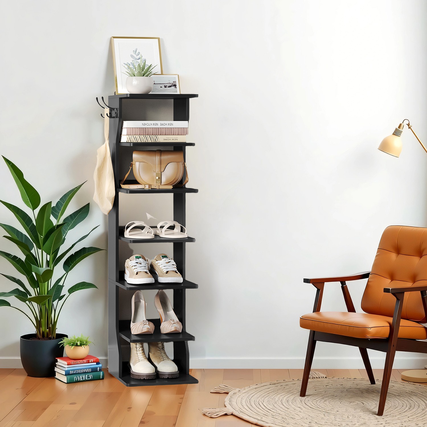 VERRA Shoe Rack - 7 Tier with Hooks Storage Tall Large Sized Rack - Black - Indigo Home