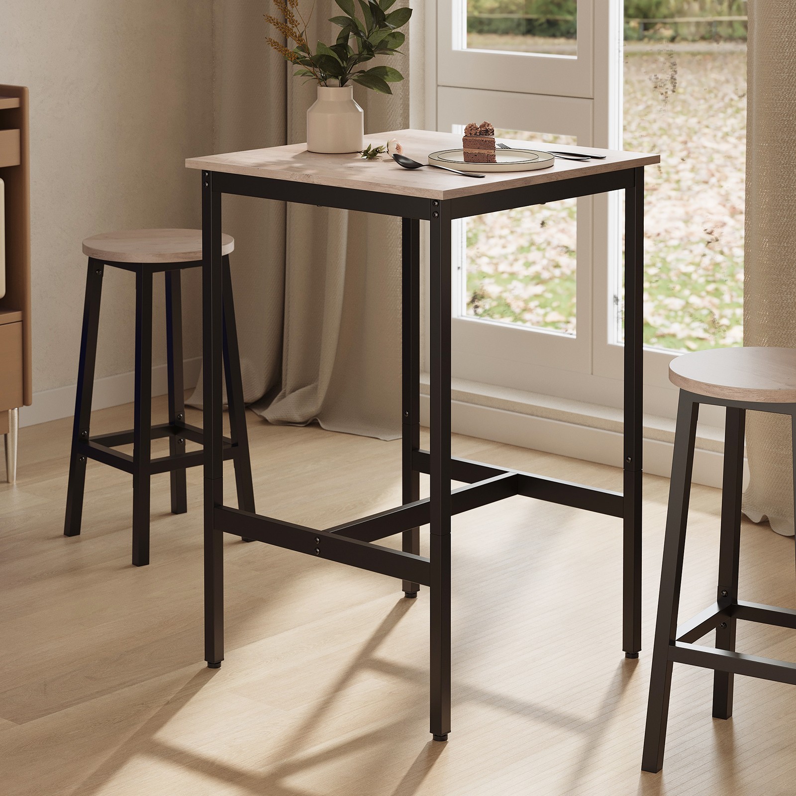 Bar Table - VERRA Tall Kitchen Dining Bar Table with Natural Wood Top - Black - Indigo Home