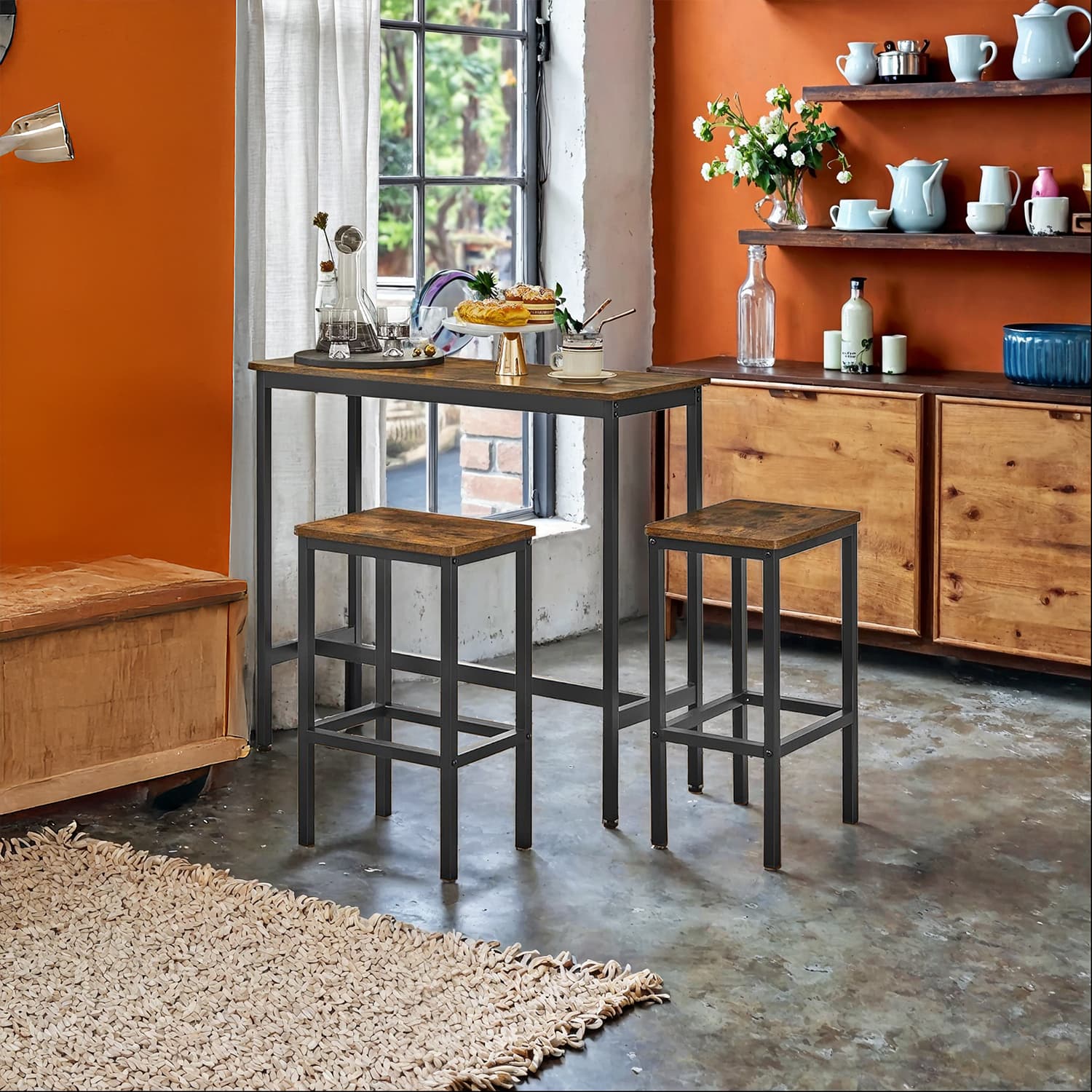 Bar Table Set - VERRA Dining Table Bar Set with 2 Stools Kitchen - Brown - Indigo Home
