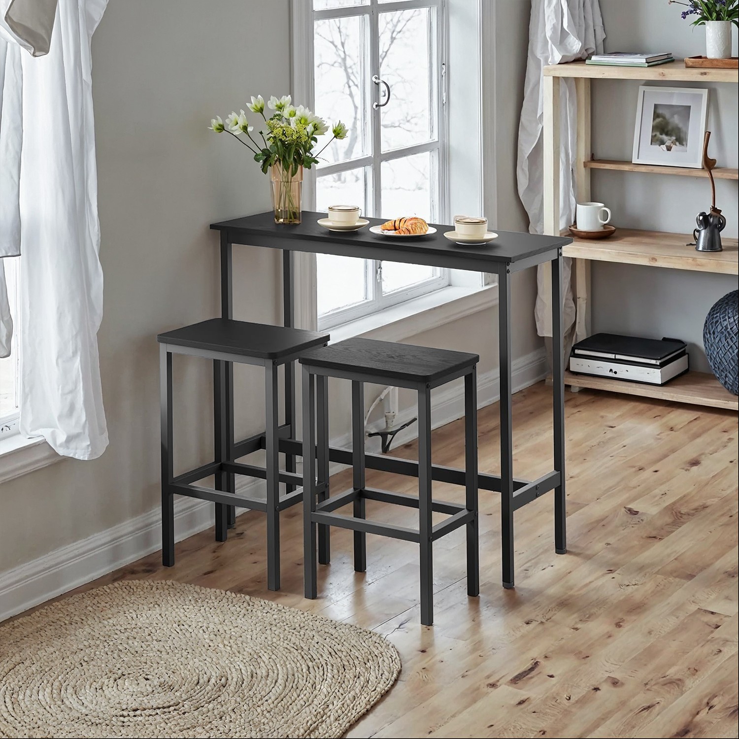Bar Table Set - VERRA Dining Table Bar Set with 2 Stools Kitchen - Black - Indigo Home