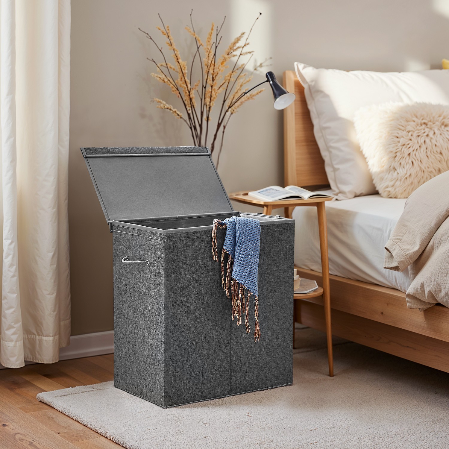 Laundry Basket - VERRA Foldable Dual Compartment Hamper with Lid and Handle 142L - Grey - Indigo Home