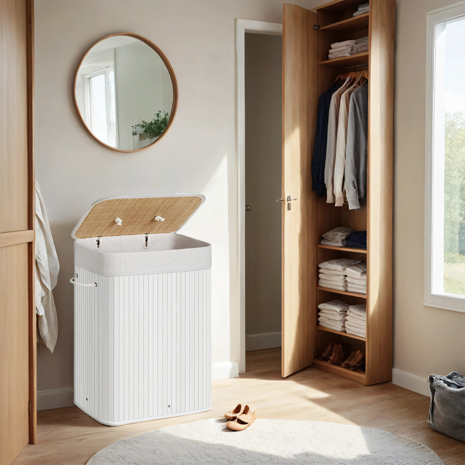 Laundry Hamper - VERRA Foldable Bamboo Basket with Lid and Handles 72L - White - Indigo Home