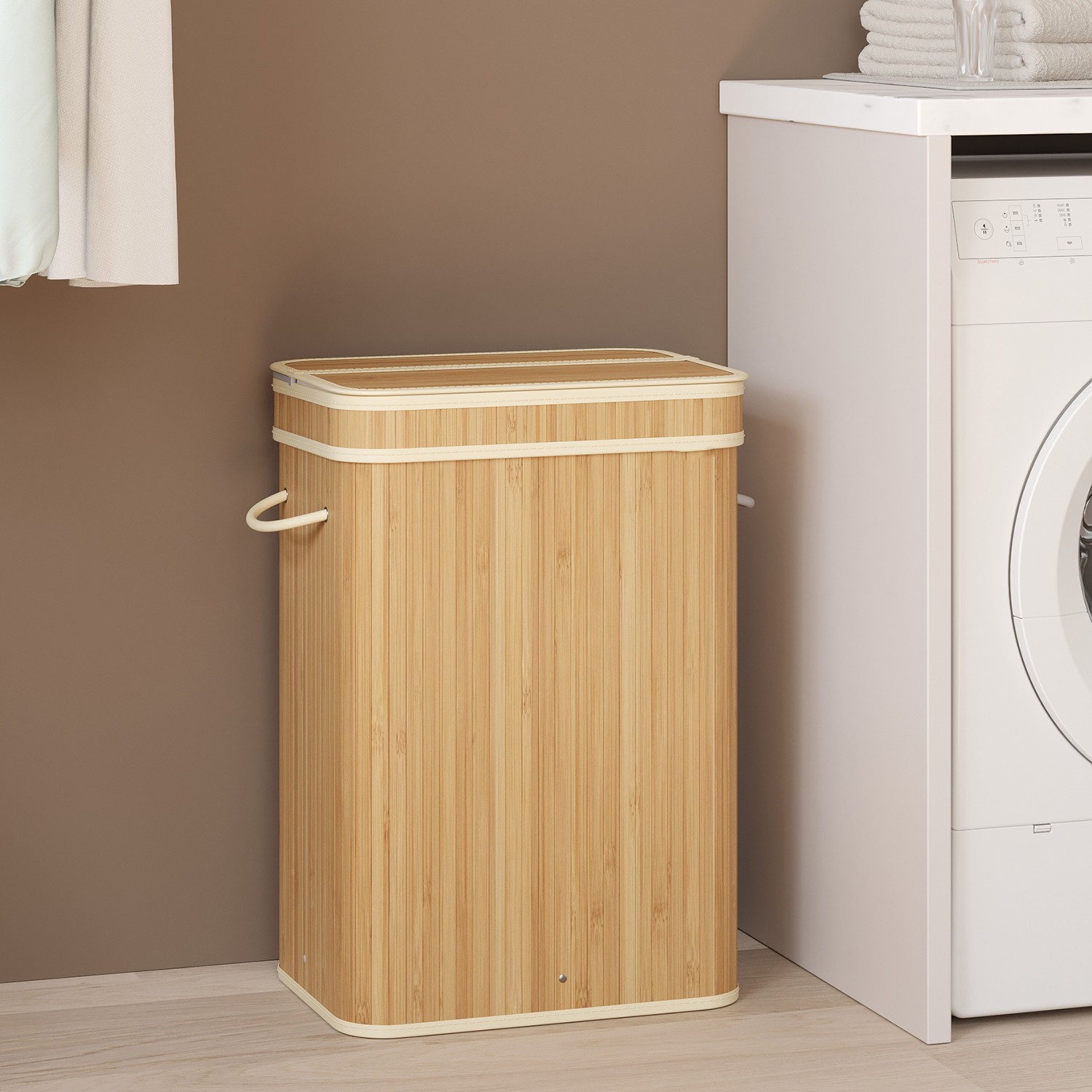 Laundry Hamper - VERRA Bamboo Basket with Lid Removable 42cm - Beige - Indigo Home