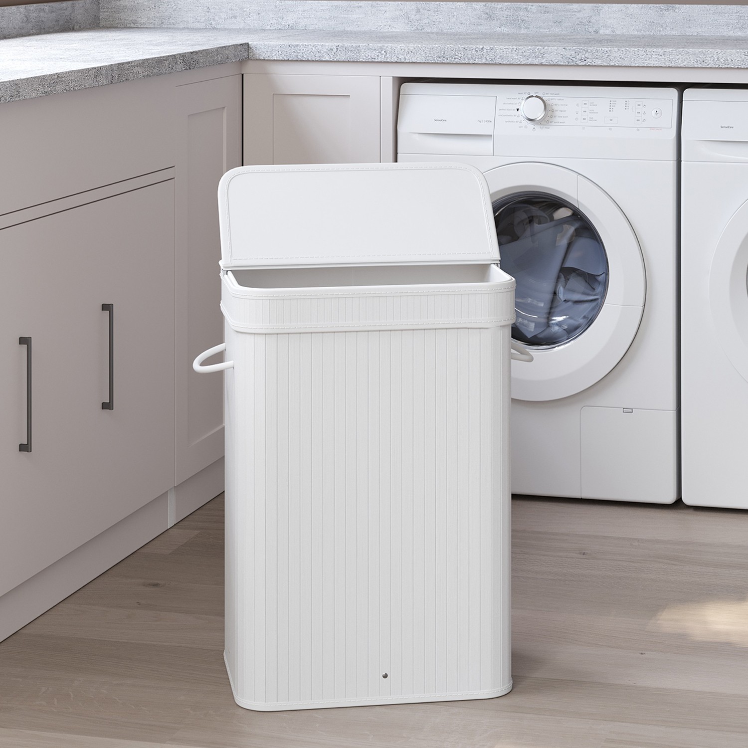 Laundry Hamper - VERRA Bamboo Basket with Lid Removable 42cm - White - Indigo Home