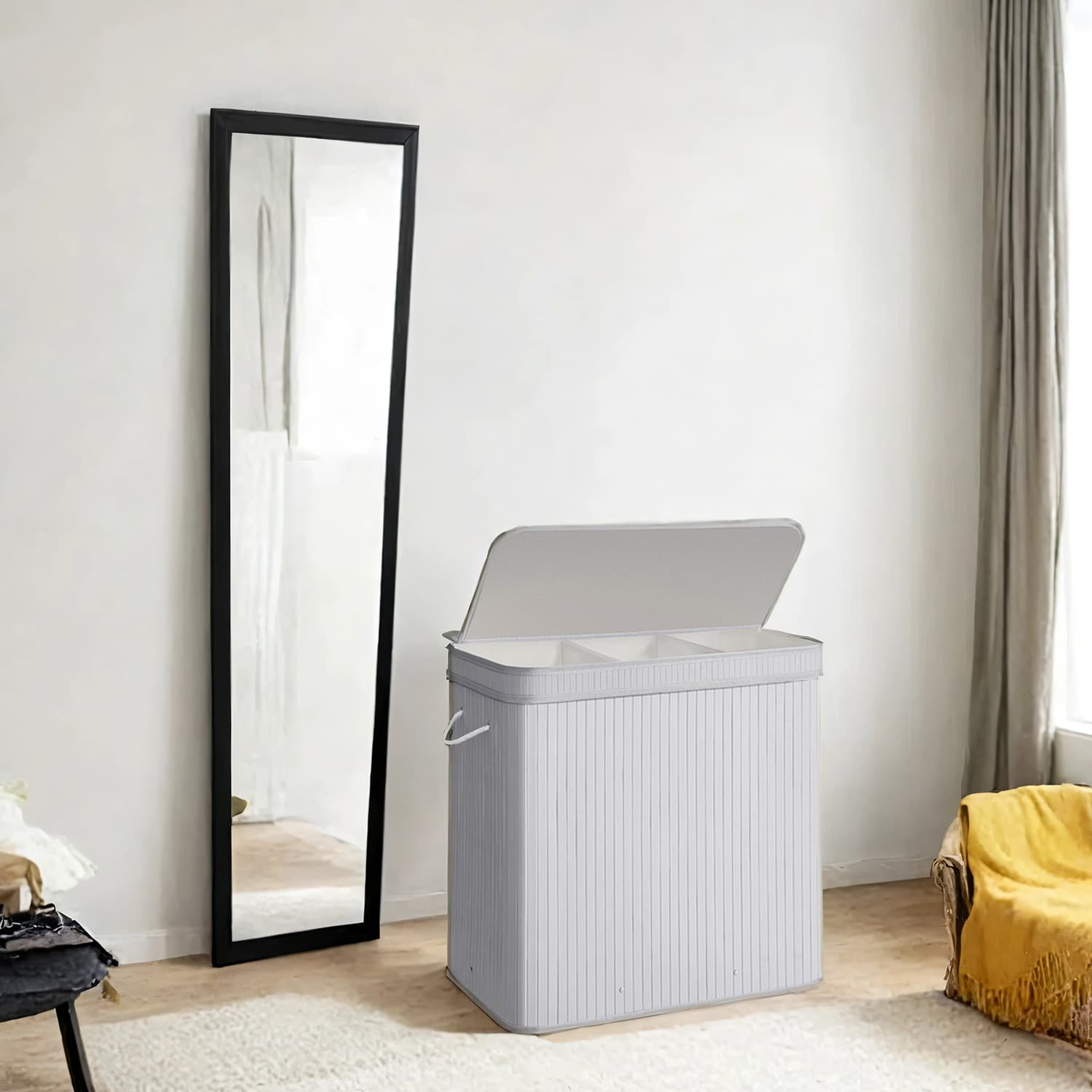 Laundry Basket - VERRA Bamboo with Lid Removable and Machine Washable 62cm - Grey - Indigo Home