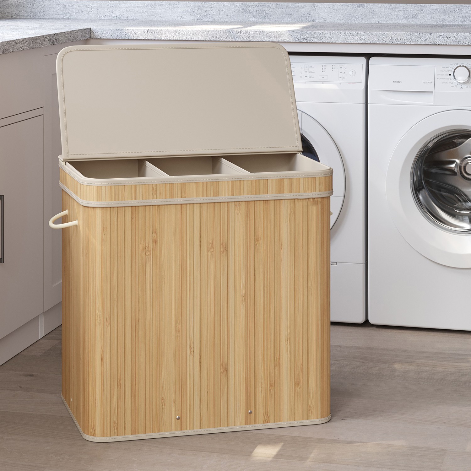 Laundry Hamper - VERRA Bamboo Basket with Lid Removable 62cm - Beige - Indigo Home