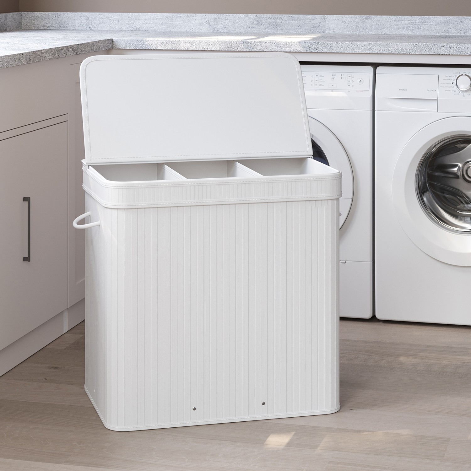 Laundry Hamper - VERRA Bamboo Basket with Lid Removable 62cm - White - Indigo Home