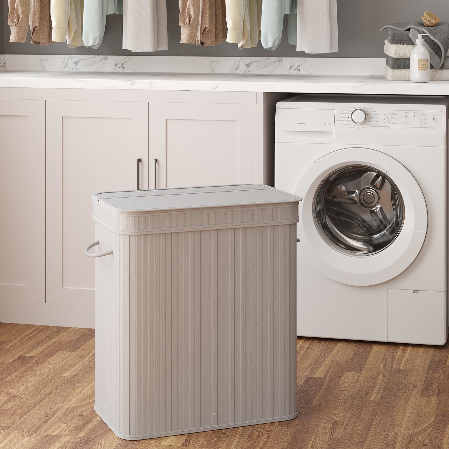 Laundry Basket - VERRA Bamboo with Lid Removable and Machine Washable 54cm - Grey - Indigo Home