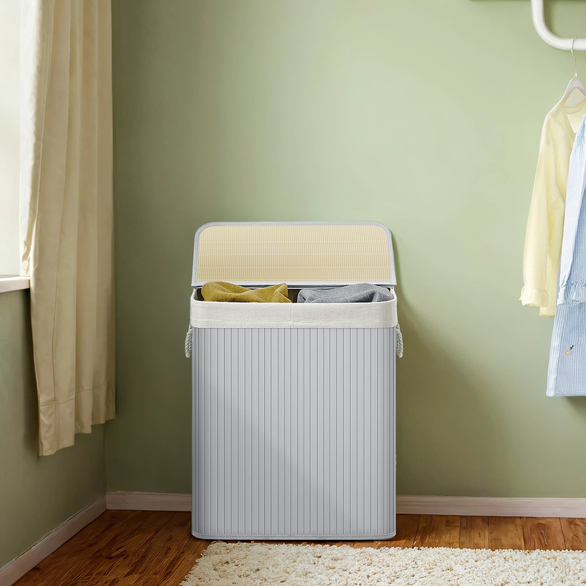 Laundry Basket - VERRA Bamboo 2 Compartment Sorting Basket - Grey - Indigo Home