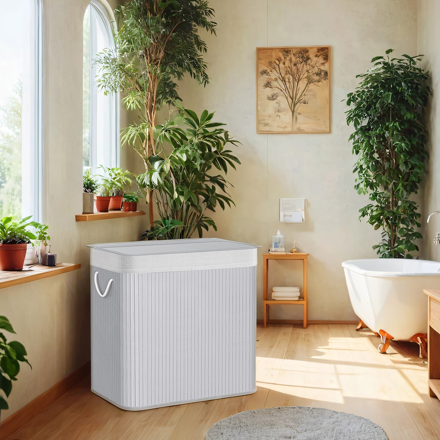 Laundry Basket - VERRA 3-Section Bamboo Hamper with Lid 150L - Grey - Indigo Home