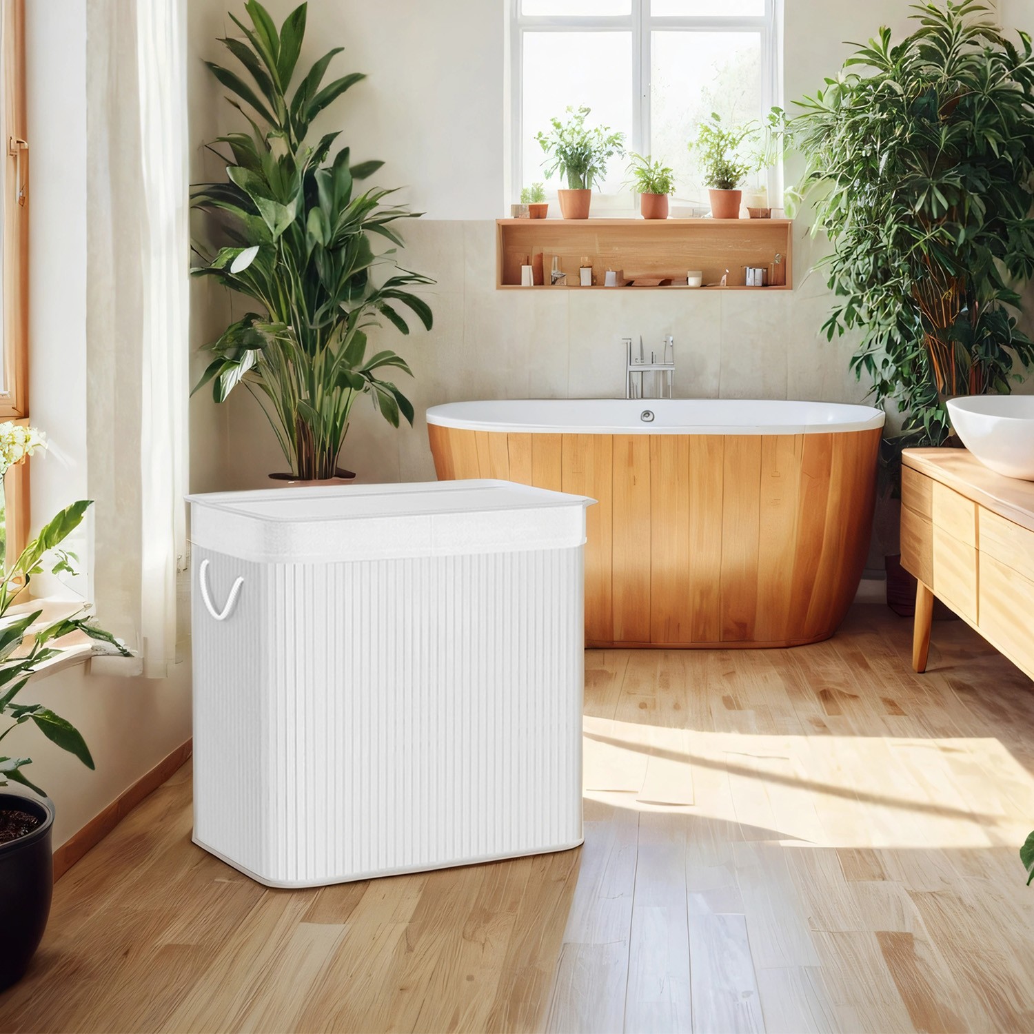 Laundry Basket - VERRA 3-Section Bamboo Hamper with Lid 150L - White - Indigo Home