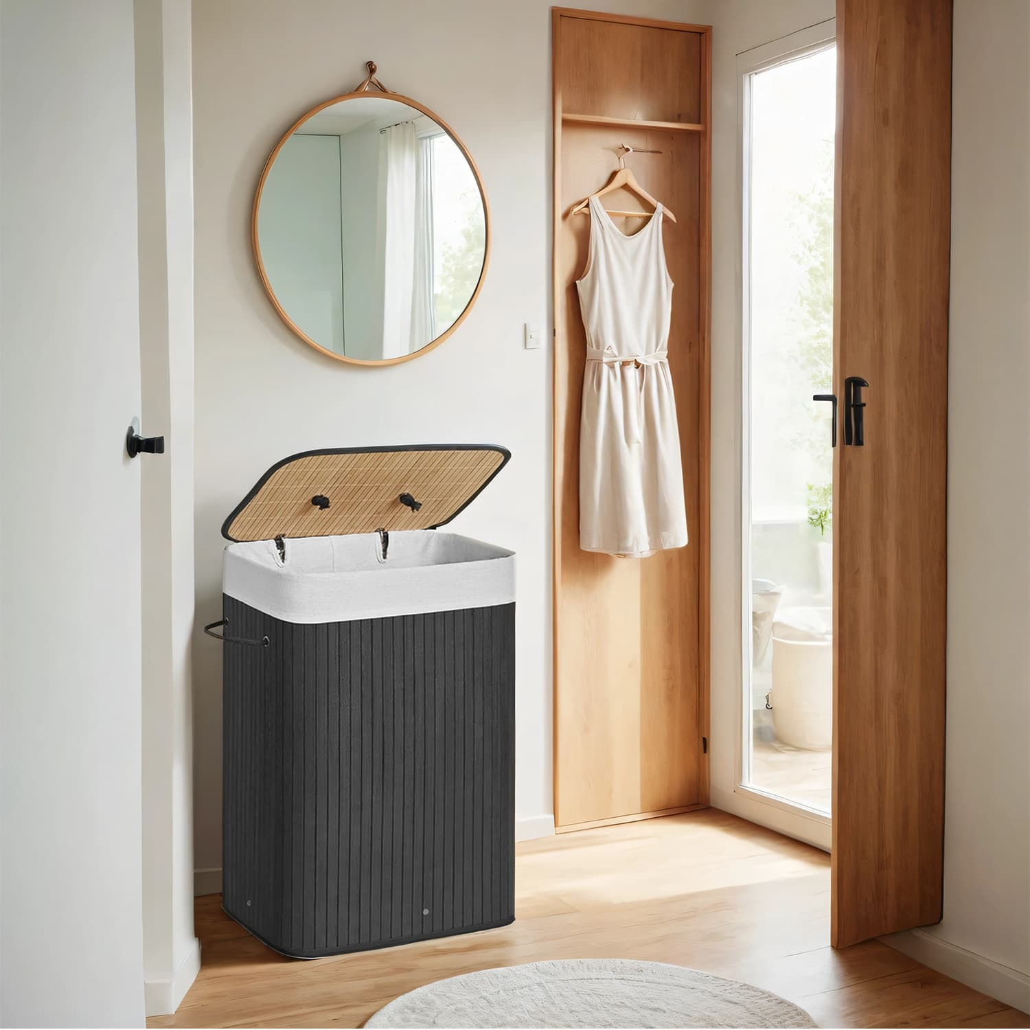 Laundry Hamper - VERRA Foldable Bamboo Basket with Lid and Handles 72L - Black - Indigo Home