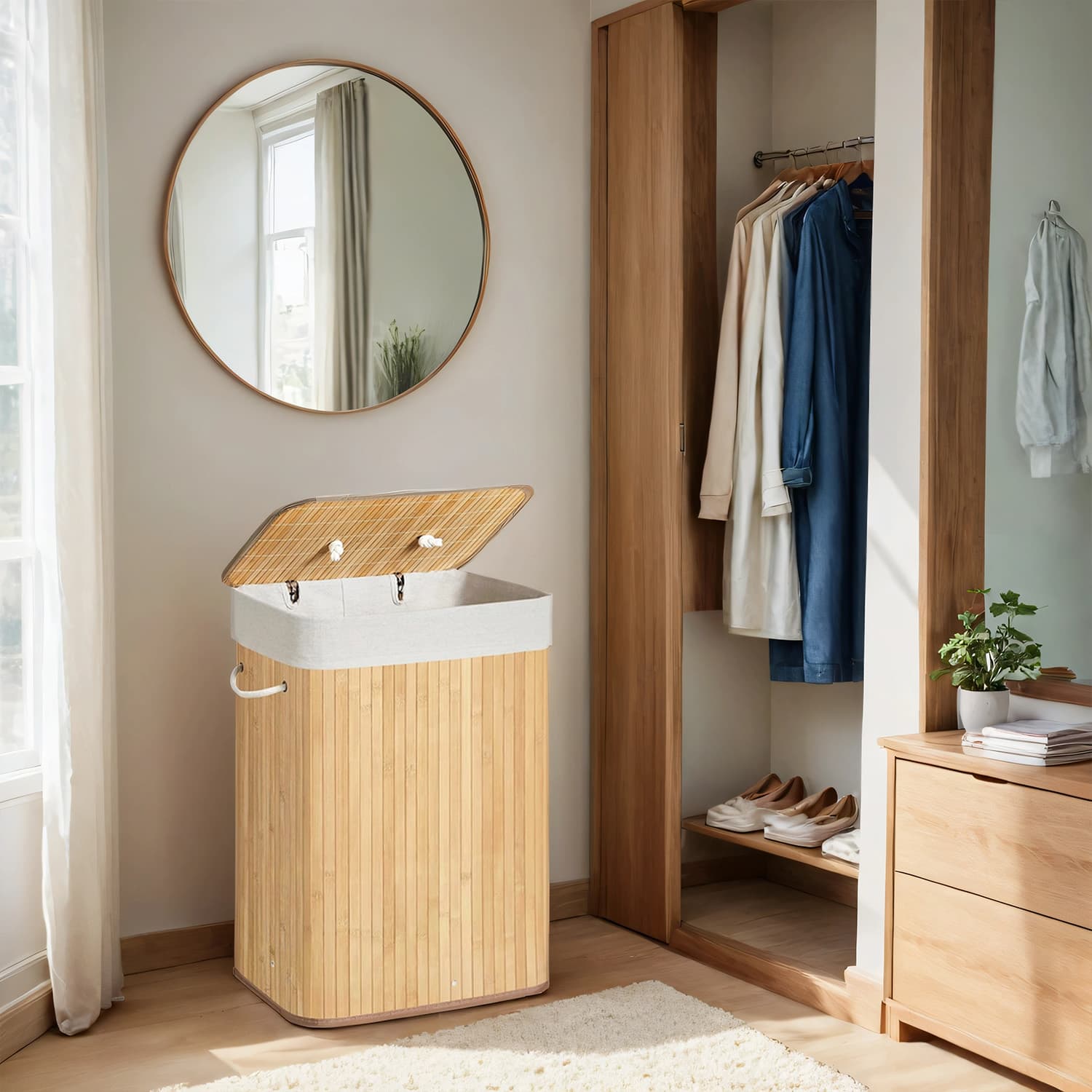 Laundry Hamper - VERRA Foldable Bamboo Basket with Lid and Handles - Oak - Indigo Home
