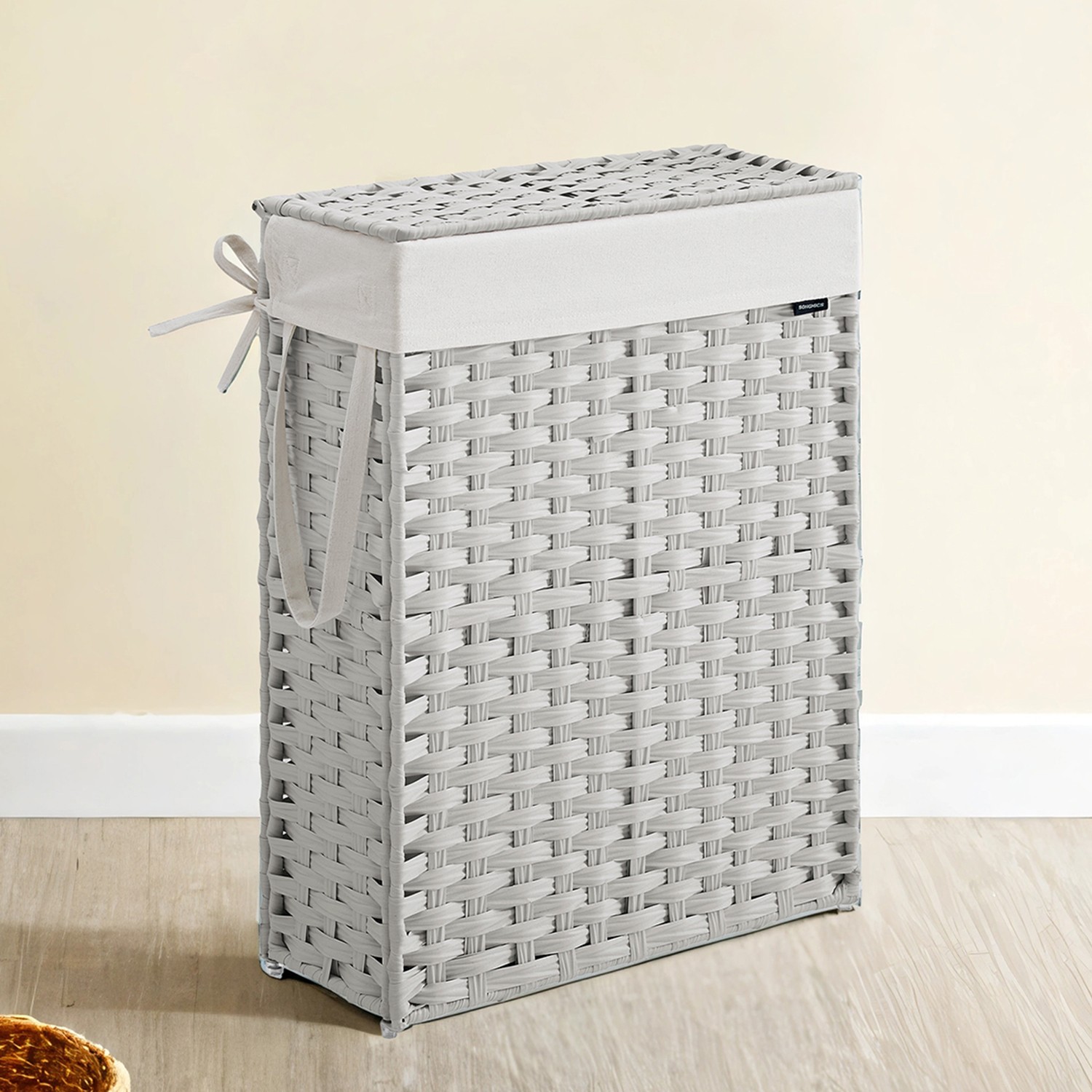 Laundry Hamper - VERRA Foldable Synthetic Rattan Basket with Lid and Removable Liner - White - Indigo Home